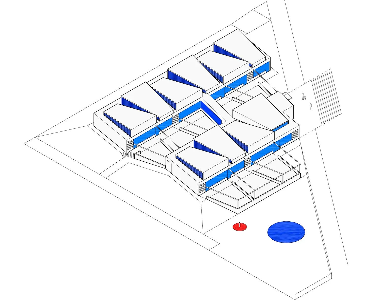 Dibujo arquitectónico isométrico de un complejo de edificios con múltiples secciones angulares de tejado, ventanas azules de acento, caminos, una escalera, una piscina circular azul y un elemento circular rojo en un plano triangular.