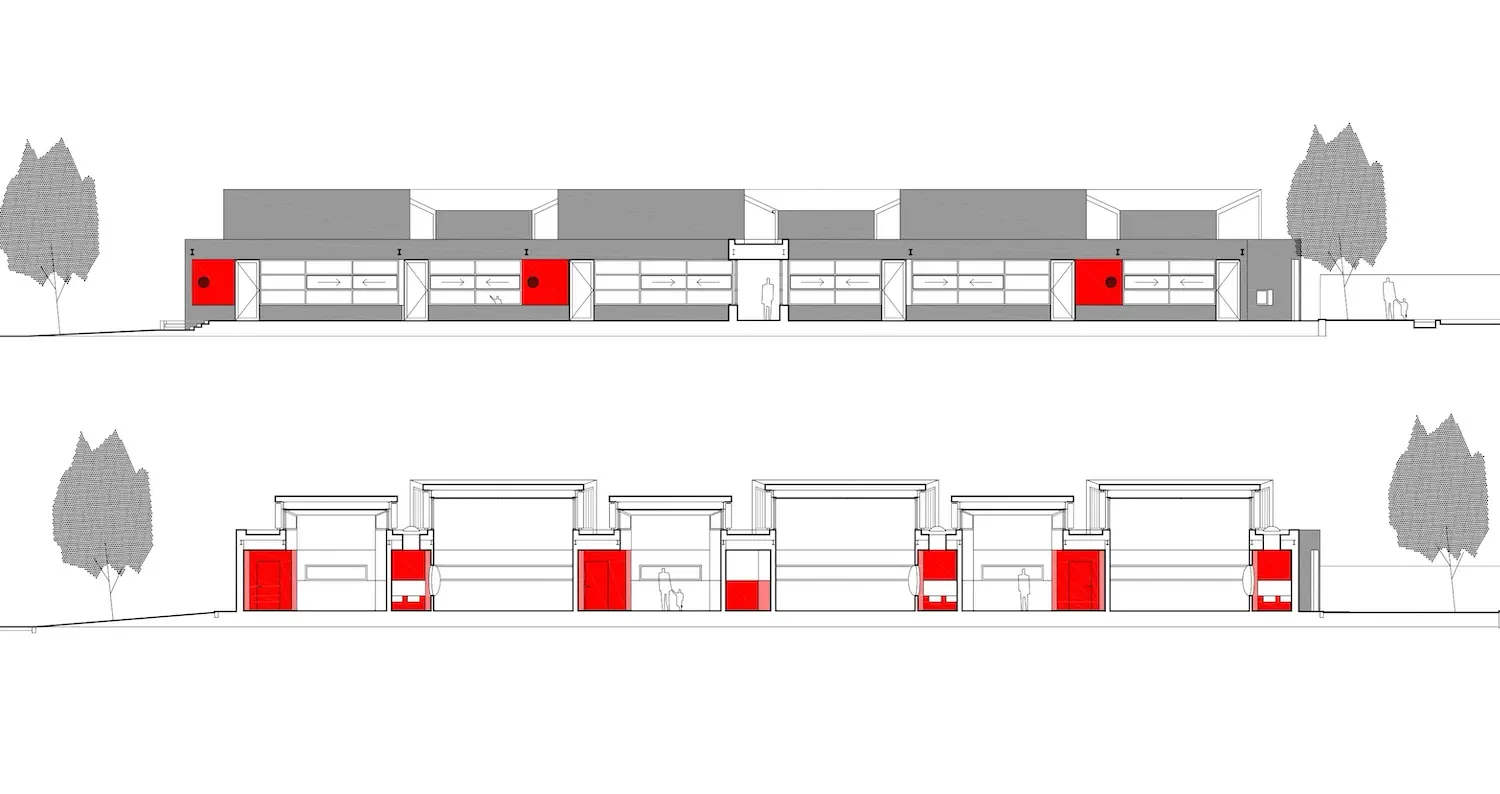Dibujos arquitectónicos de alzado y sección de un edificio moderno, con una hilera de formas rectangulares con paneles rojos de acento, tejados grises, grandes ventanas y árboles a ambos lados.