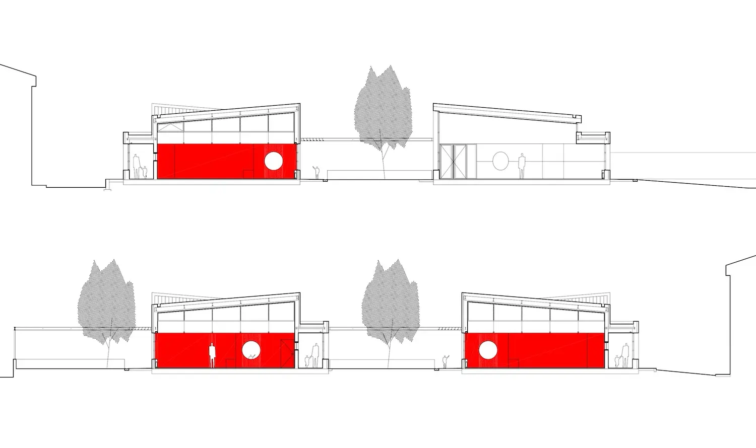 Dibujos arquitectónicos en sección de dos edificios modernos con tejados inclinados, grandes fachadas acristaladas y atrevidos muros rojos con ventanas o detalles circulares; entre los edificios aparecen dos árboles.