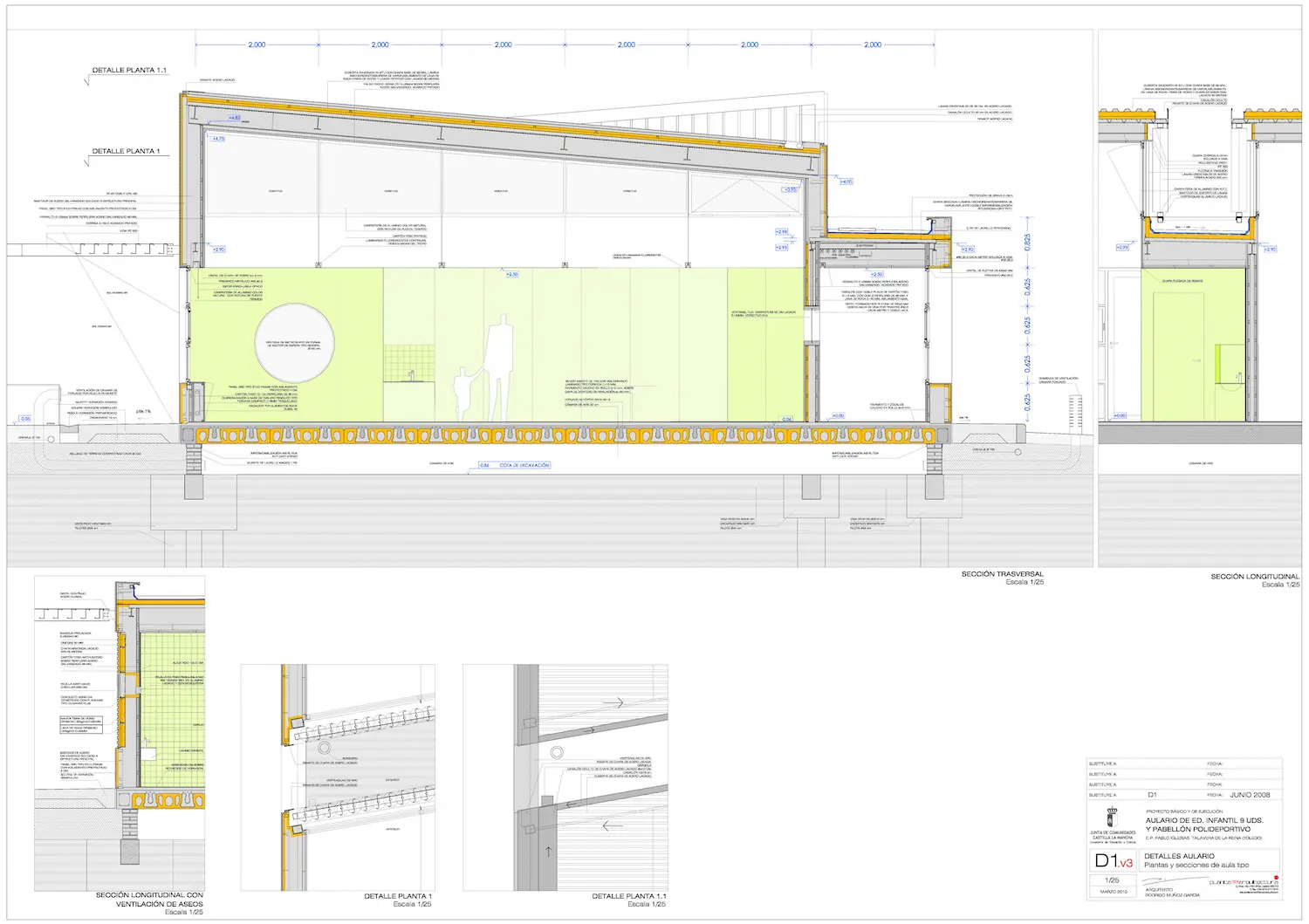 Dibujo arquitectónico en sección de un edificio que muestra detalles estructurales, materiales, composición de las paredes y notas. Incluye secciones transversales, dimensiones, anotaciones y vistas detalladas más pequeñas a lo largo de la parte inferior y los laterales.