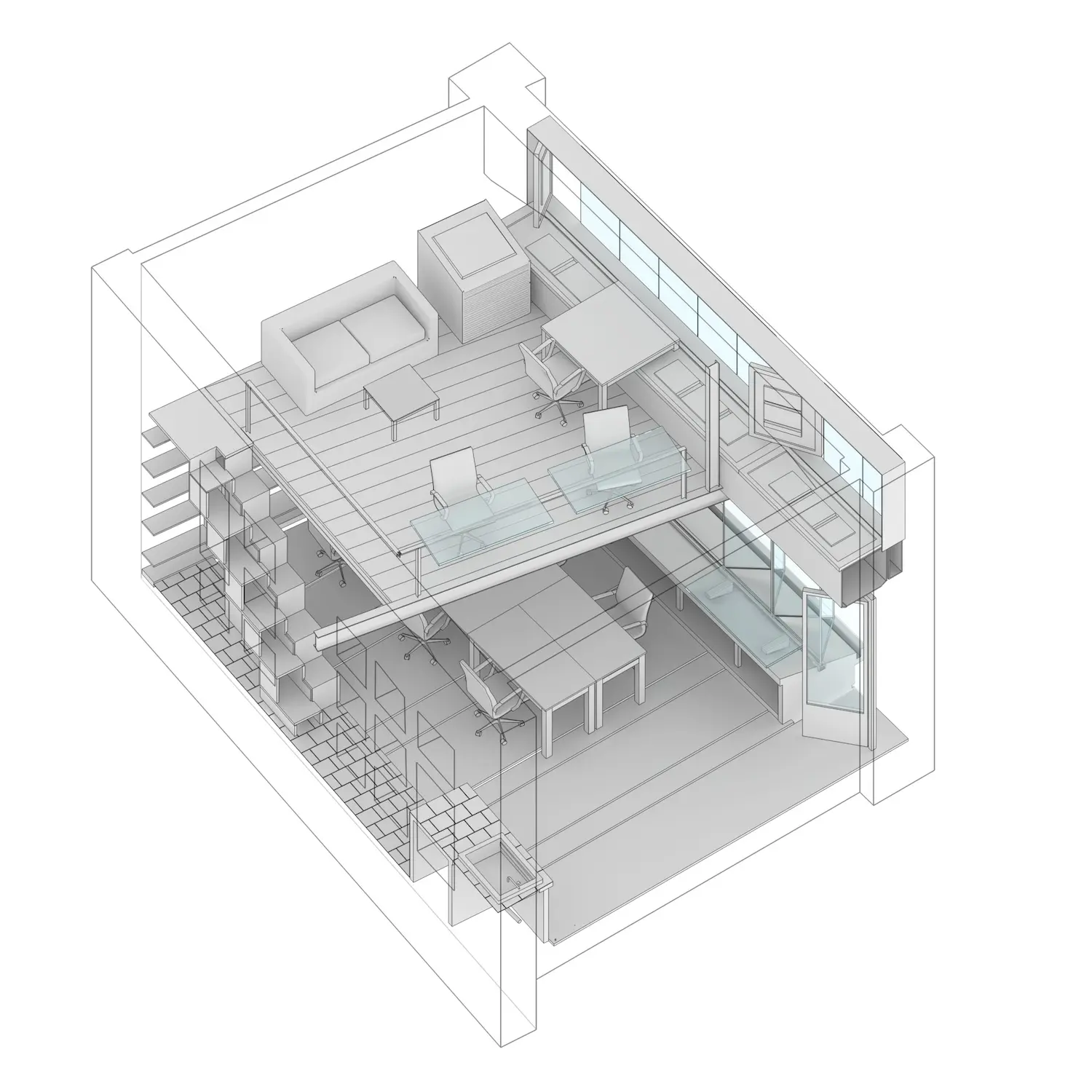 Un plano arquitectónico en 3D muestra una moderna sala de estar abierta de dos niveles con escaleras, sala de estar, mesas de trabajo, estanterías y grandes ventanales.