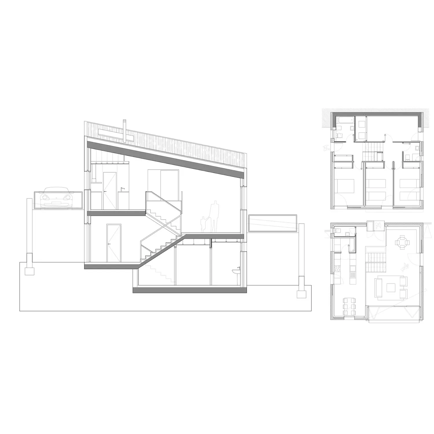 Dibujo arquitectónico que muestra una sección transversal de una casa moderna de varios niveles con escaleras, habitaciones y garaje, junto con planos de planta de los niveles superior e inferior con dormitorios, baños y salas de estar etiquetados.