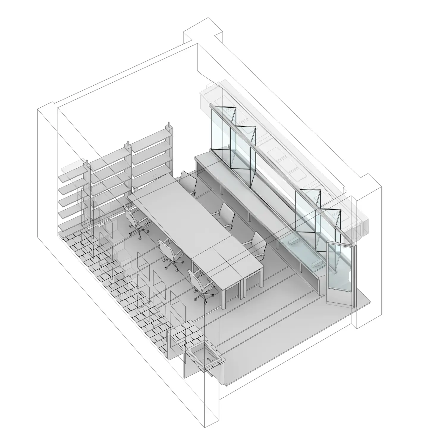 Dibujo arquitectónico isométrico de una sala de reuniones con una larga mesa, sillas, estanterías en una pared y grandes ventanales de cristal a lo largo de otra pared, que muestra una distribución moderna y abierta del espacio de trabajo.