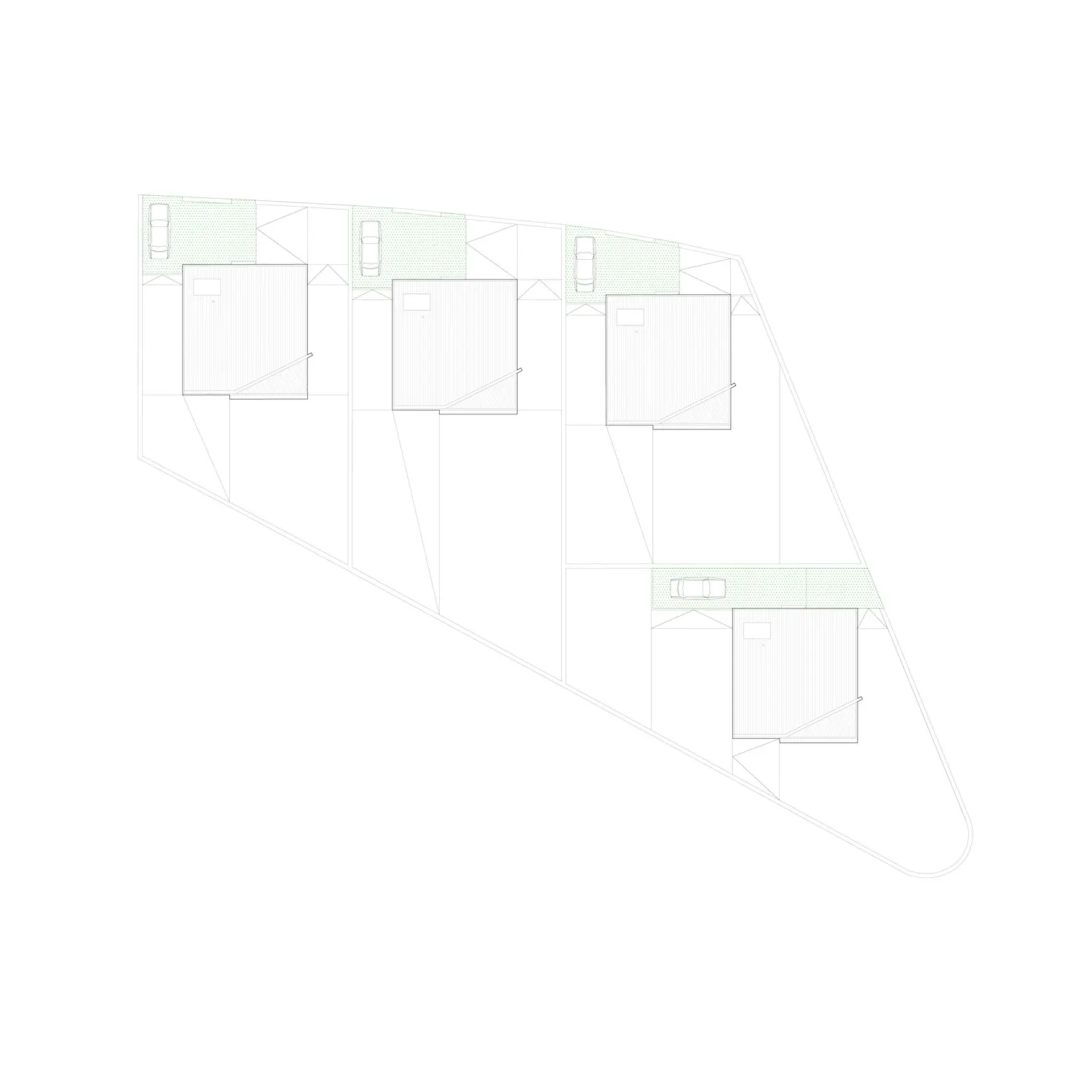 Un plano arquitectónico minimalista muestra cinco edificios rectangulares, cada uno con plazas de aparcamiento adyacentes, dispuestos en diagonal en un solar irregular y en ángulo. Las zonas verde claro indican los coches aparcados y los espacios libres.