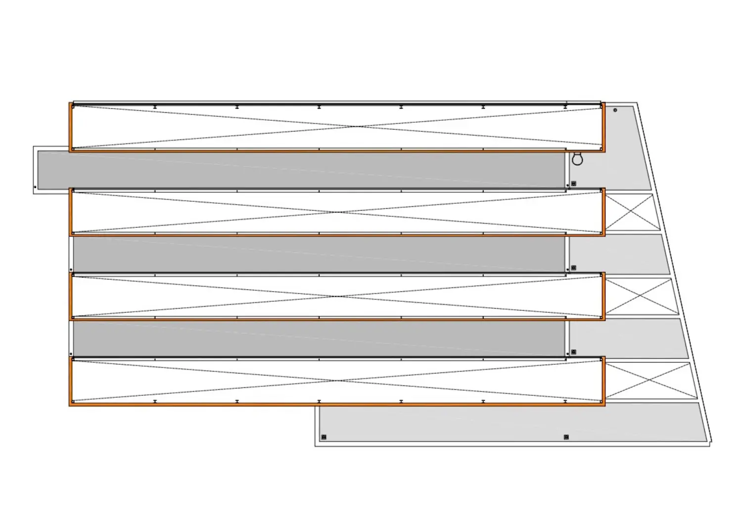Diagrama de cinco barras grises horizontales superpuestas con contornos naranjas, dispuestas de forma escalonada. Cada barra está atravesada por líneas diagonales y el fondo es blanco.