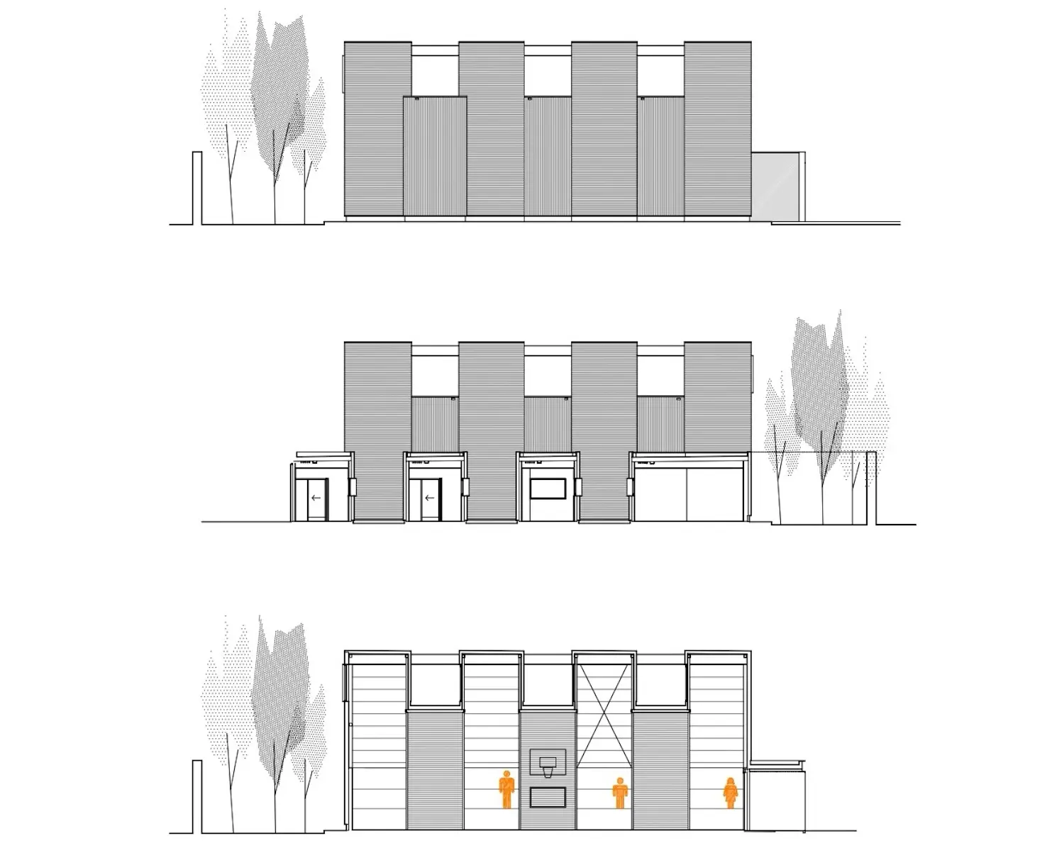 Tres dibujos de alzado arquitectónico de un edificio moderno con volúmenes verticales rectangulares, ventanas altas, árboles a ambos lados y pequeñas figuras y una canasta de baloncesto en el dibujo inferior.