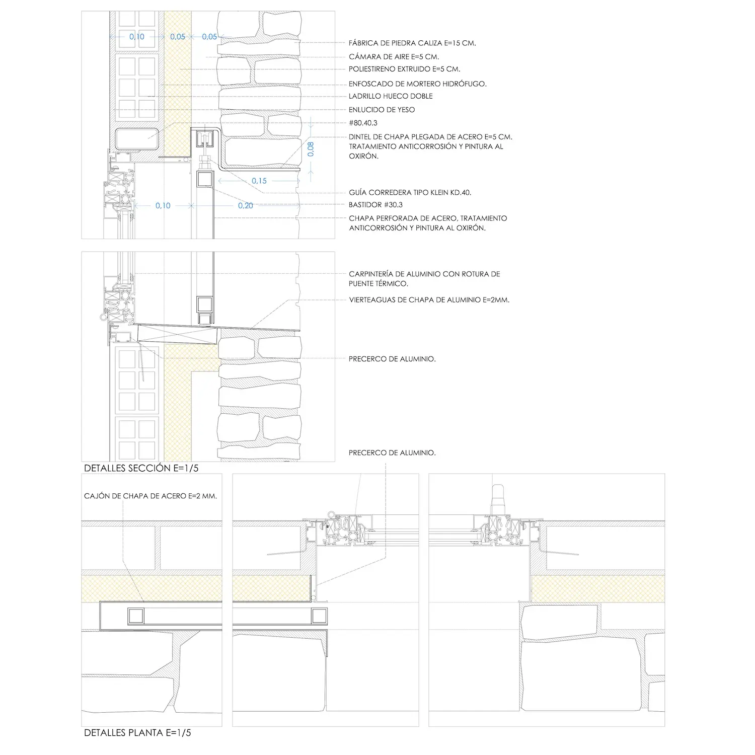 Dibujos de detalles arquitectónicos que muestran vistas en sección y en planta de un muro de piedra con armazón de acero, aislamiento y carpintería de aluminio. Las anotaciones describen los materiales de construcción, las dimensiones y los detalles de montaje de la fachada.