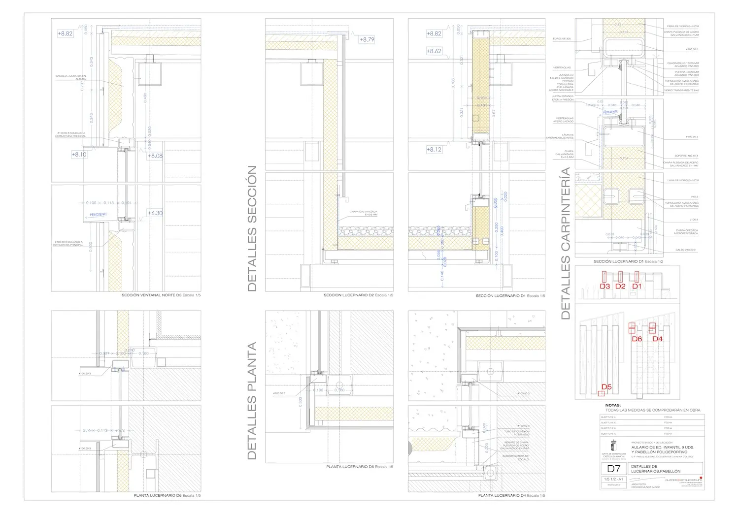 Hoja de dibujo técnico arquitectónico que muestra detalles detallados de sección, planta y carpintería de un edificio. Incluye medidas, notas de construcción y diagramas etiquetados para puertas y ventanas. Texto en español.