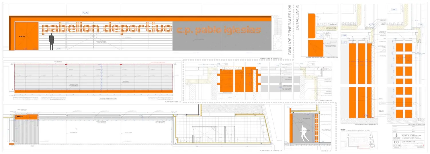 Alzado arquitectónico y planos de construcción de la fachada de un edificio escolar rotulado "c.p. pablo iglesias", con detalles en naranja y gris, medidas, detalles técnicos y una figura humana a escala.