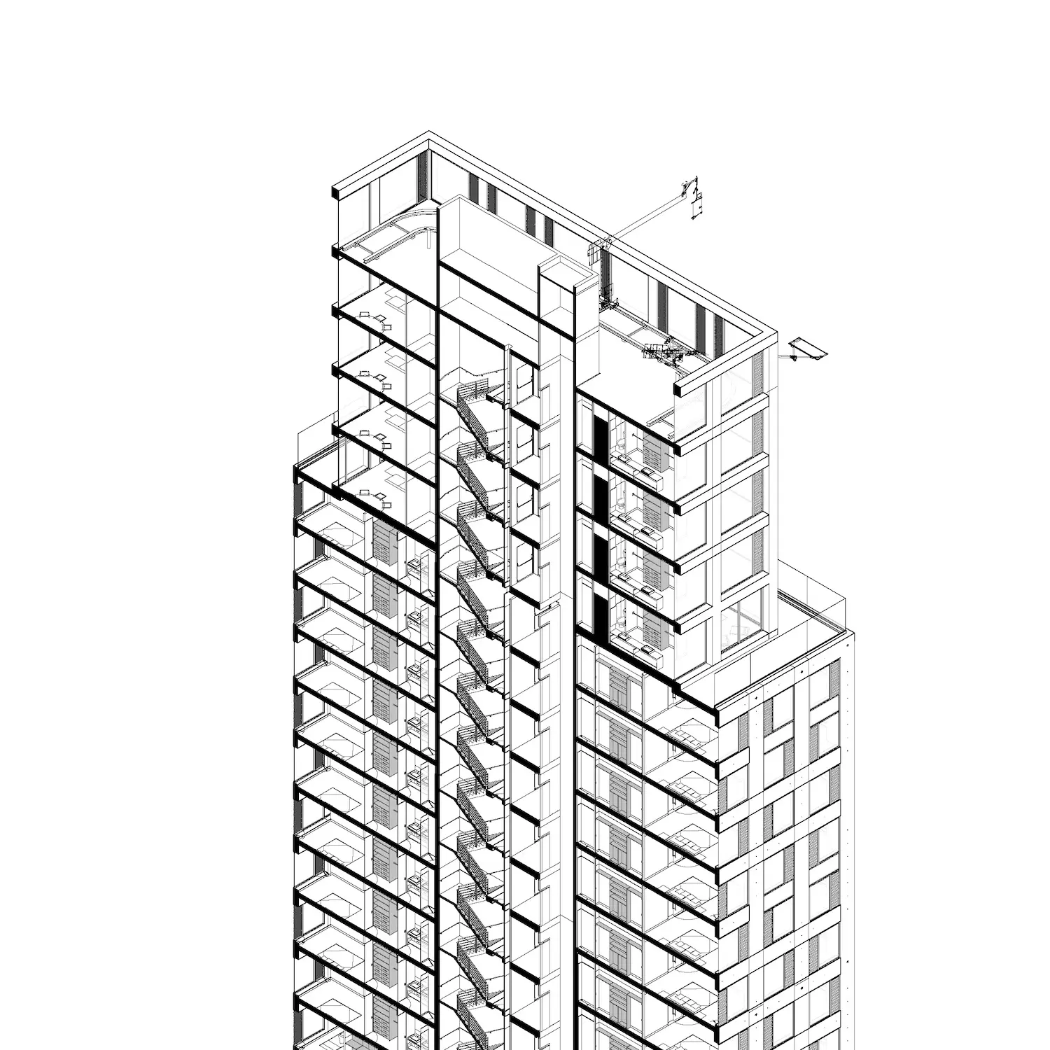Dibujo axonométrico de un edificio de varios pisos que muestra elementos estructurales detallados, escaleras, balcones y azoteas en líneas blancas y negras.