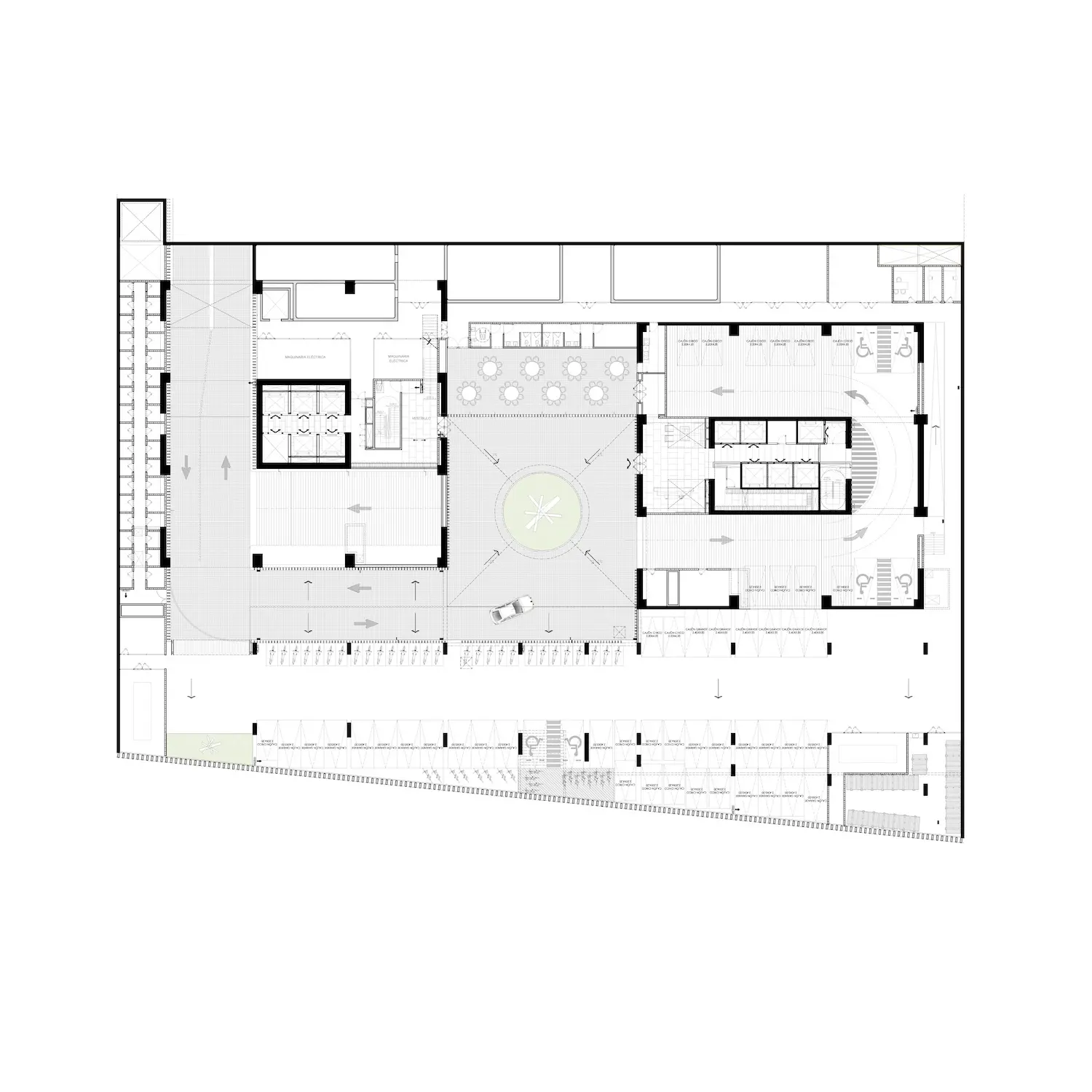 Plano arquitectónico en blanco y negro que muestra habitaciones, pasillos, una zona circular central, escaleras, ascensores, plazas de aparcamiento y varias secciones rectangulares organizadas en torno al espacio central.
