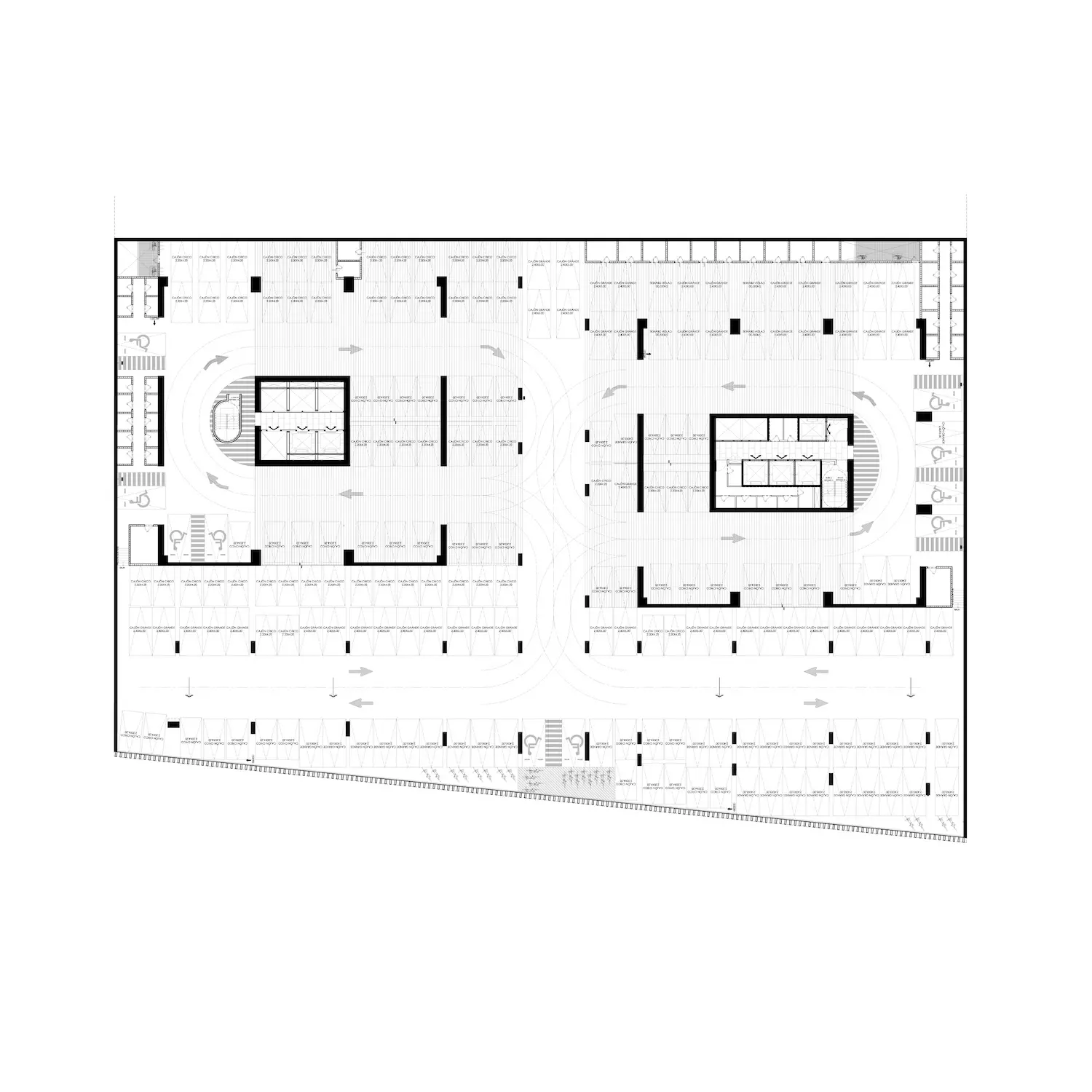Plano arquitectónico en blanco y negro que muestra dos secciones rectangulares principales, cada una con un núcleo central y salas circundantes, conectadas por pasillos; las entradas y escaleras están marcadas en todo el trazado.