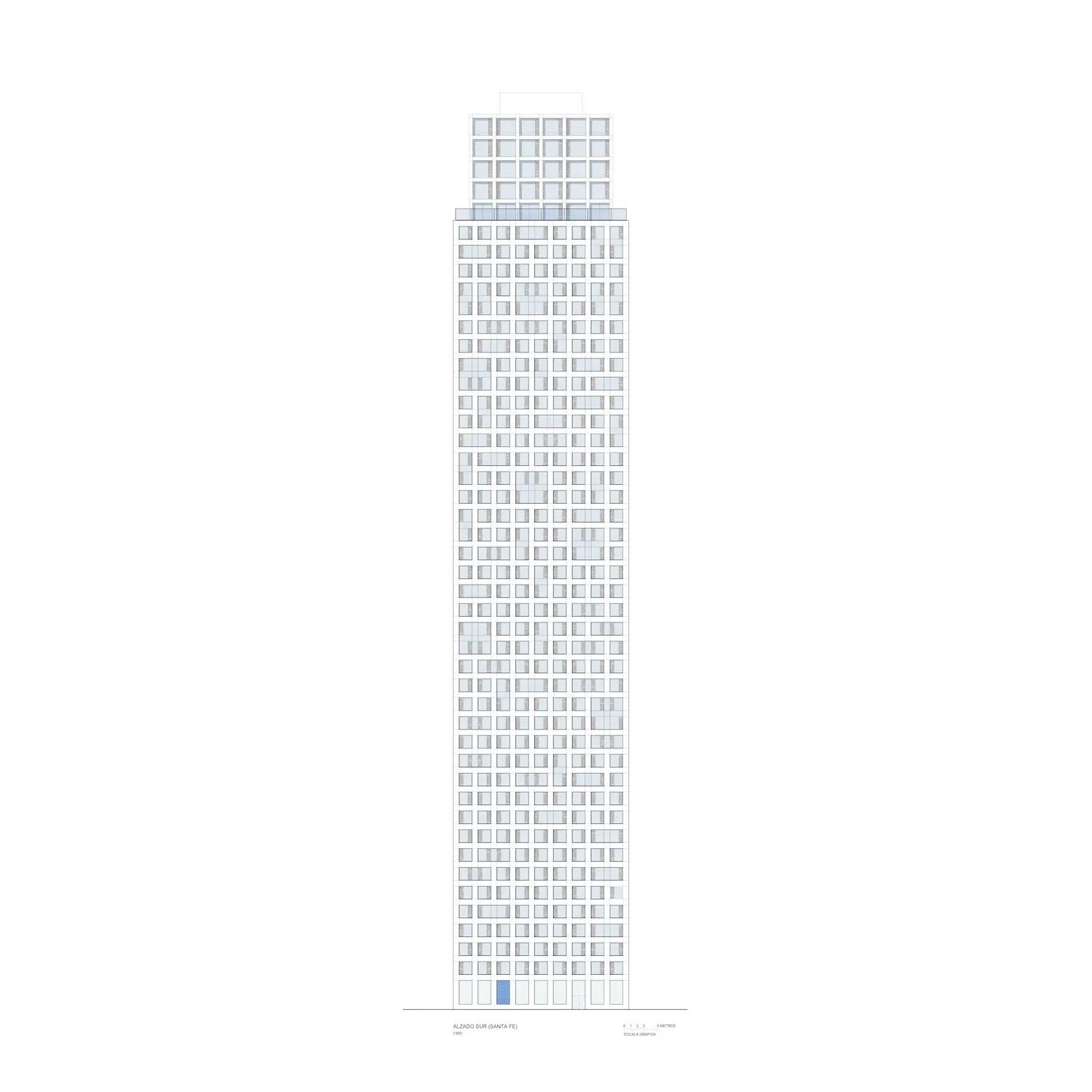 Dibujo arquitectónico minimalista de un rascacielos alto y rectangular con muchas ventanas espaciadas uniformemente y una corona escalonada, sobre un fondo blanco liso.