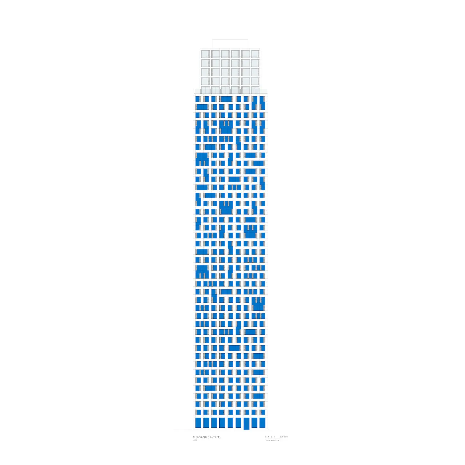Ilustración minimalista de un rascacielos alto y rectangular con una cuadrícula de ventanas azules y blancas, que se estrecha ligeramente en la parte superior con una estructura blanca en forma de corona sobre fondo blanco.