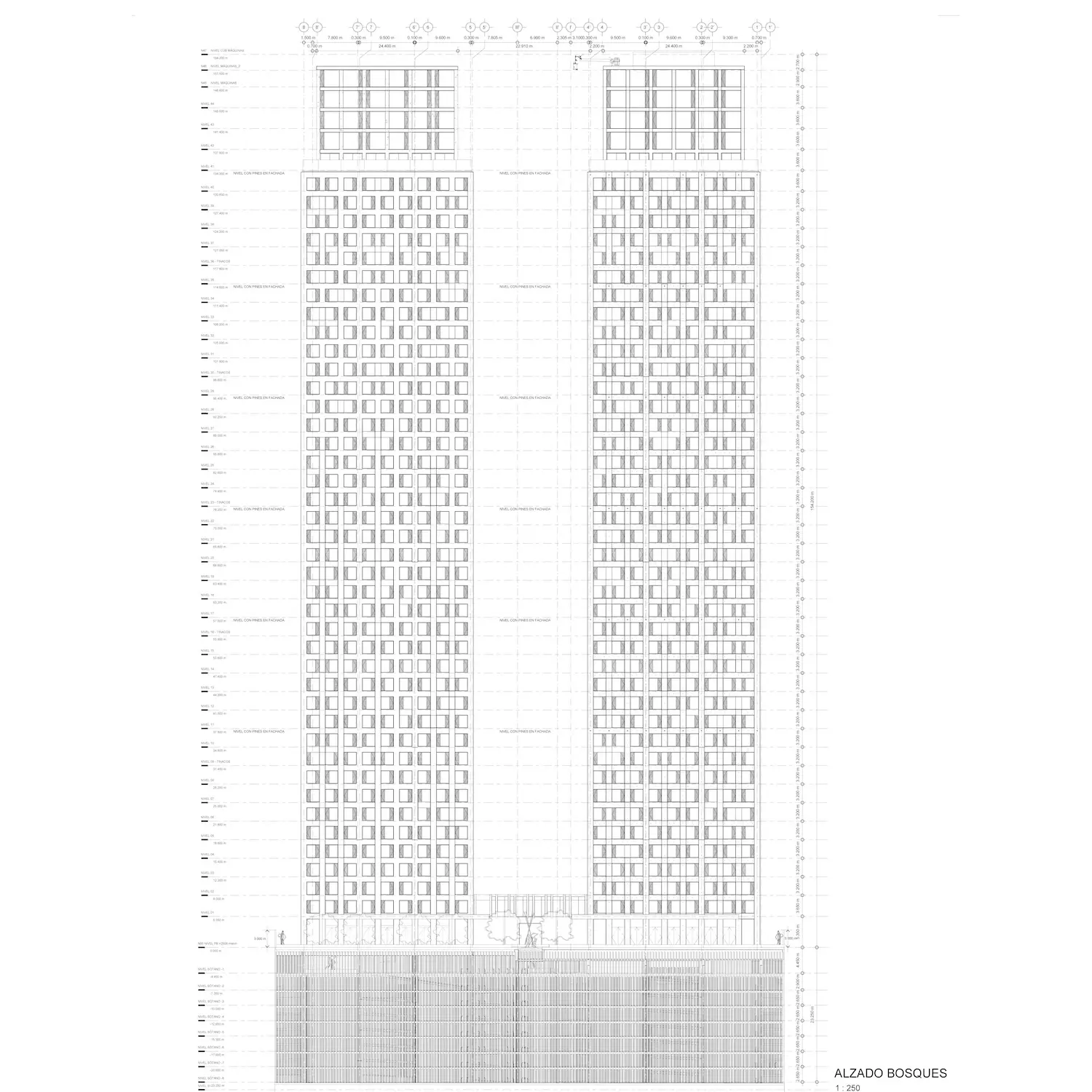 Dibujo arquitectónico en alzado de un edificio alto y rectangular con dos torres, muchas ventanas espaciadas uniformemente y una entrada a nivel del suelo. El dibujo incluye líneas de medición y está rotulado "ALZADO BOSQUES" en la parte inferior derecha.