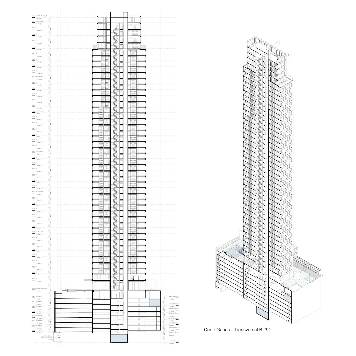 Dibujo arquitectónico de un edificio de gran altura: a la izquierda, una vista en sección vertical con las plantas etiquetadas; a la derecha, un corte en 3D que revela la distribución interior de la estructura y el podio base.