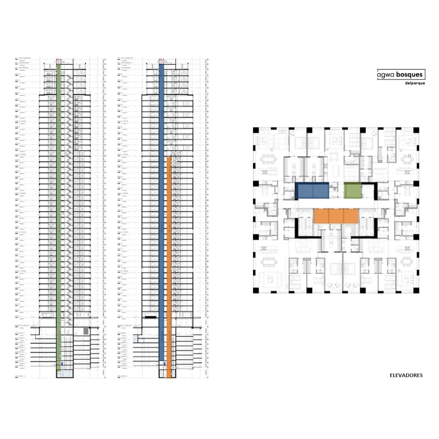 Esquema arquitectónico que muestra dos vistas verticales de la sección del edificio con ejes codificados por colores y un plano de planta con zonas resaltadas, etiquetadas como "ELEVADORES" y "Agwa Bosques" en la parte superior derecha.