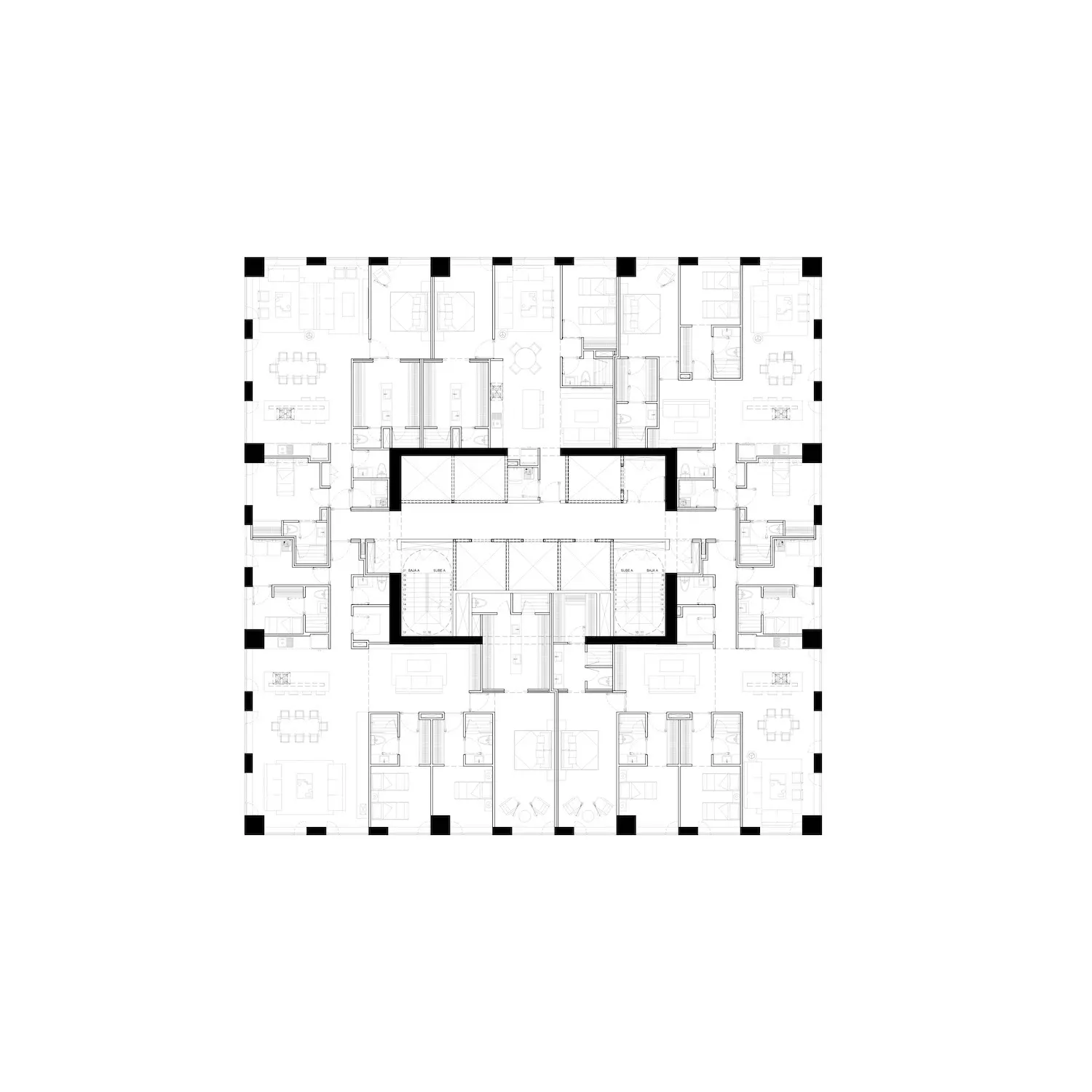 Plano arquitectónico en blanco y negro de un edificio cuadrado que muestra habitaciones, pasillos y núcleos centrales de ascensores y escaleras, con columnas estructurales espaciadas uniformemente a lo largo del perímetro.