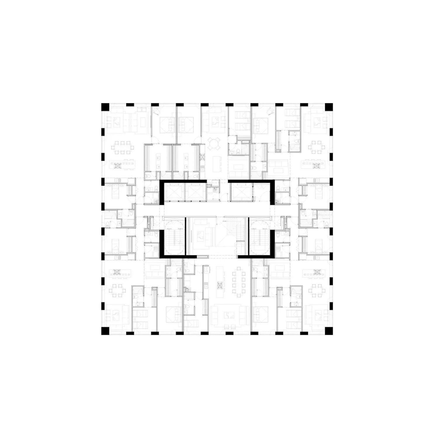 Un plano arquitectónico en blanco y negro con varias habitaciones y pasillos dispuestos simétricamente alrededor de una zona central abierta; unas líneas negras en negrita resaltan el núcleo central de la distribución.