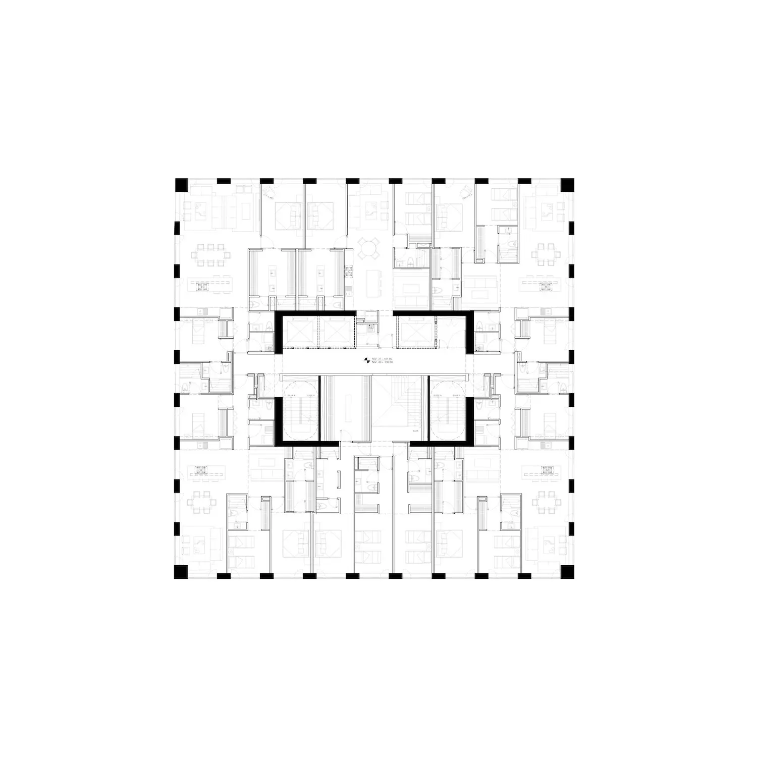 Plano arquitectónico en blanco y negro de un edificio cuadrado con un núcleo central, rodeado de múltiples salas y pasillos. Unos cuadrados oscuros marcan el perímetro del edificio, probablemente indicando columnas estructurales.