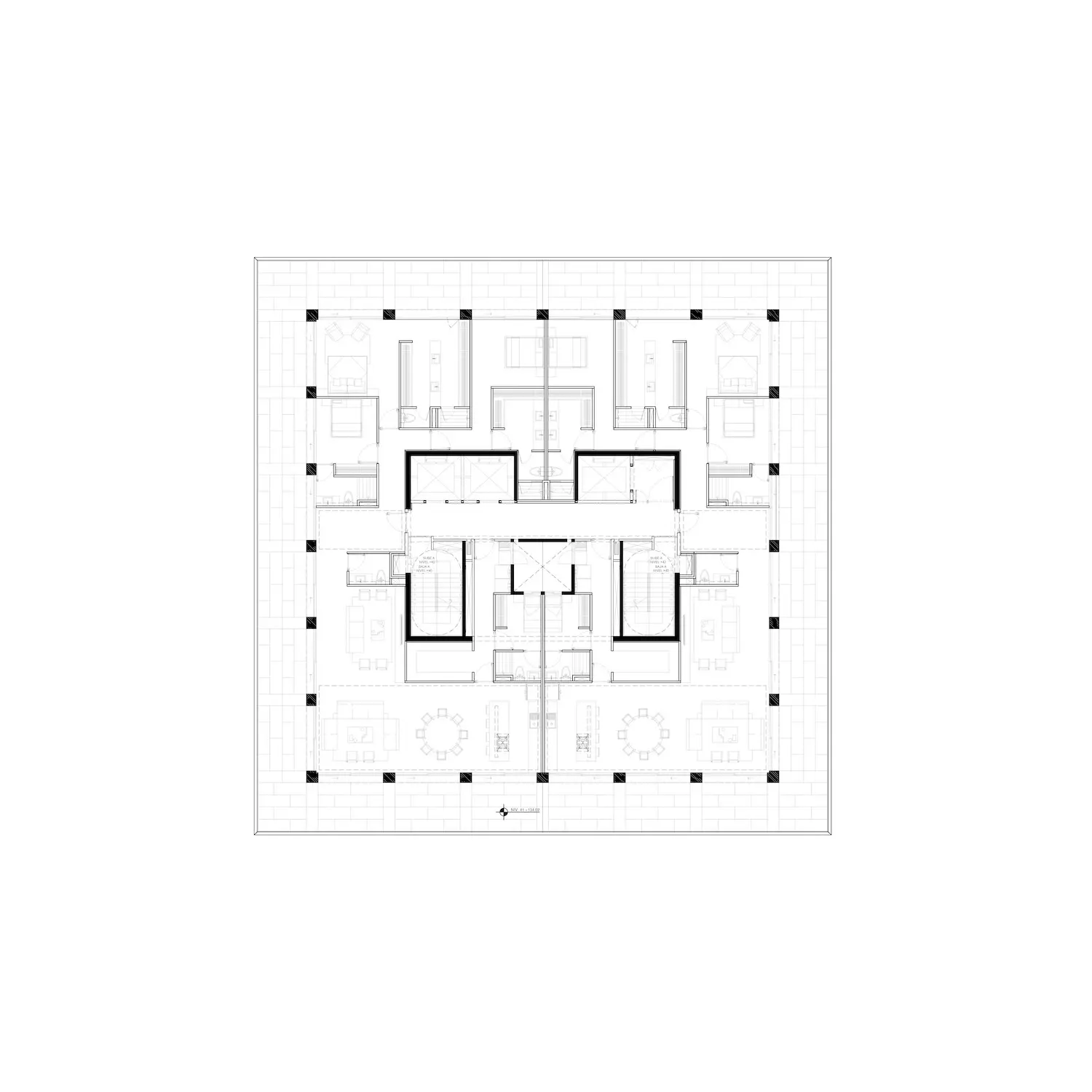 Plano arquitectónico en blanco y negro de un edificio cuadrado con habitaciones simétricas, pasillos centrales y diversas disposiciones de mobiliario. Las líneas gruesas y finas indican las paredes, con columnas marcando el perímetro. Escala en la parte inferior.