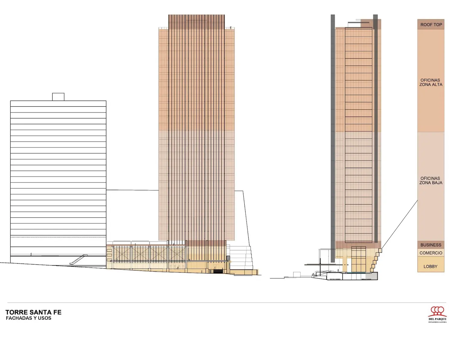 Dibujo arquitectónico en alzado de la Torre Santa Fe, que muestra un rascacielos alto y rectangular con zonas etiquetadas: azotea, oficinas superiores, oficinas inferiores, negocios/comercial y vestíbulo. También se muestra un edificio adyacente más bajo.