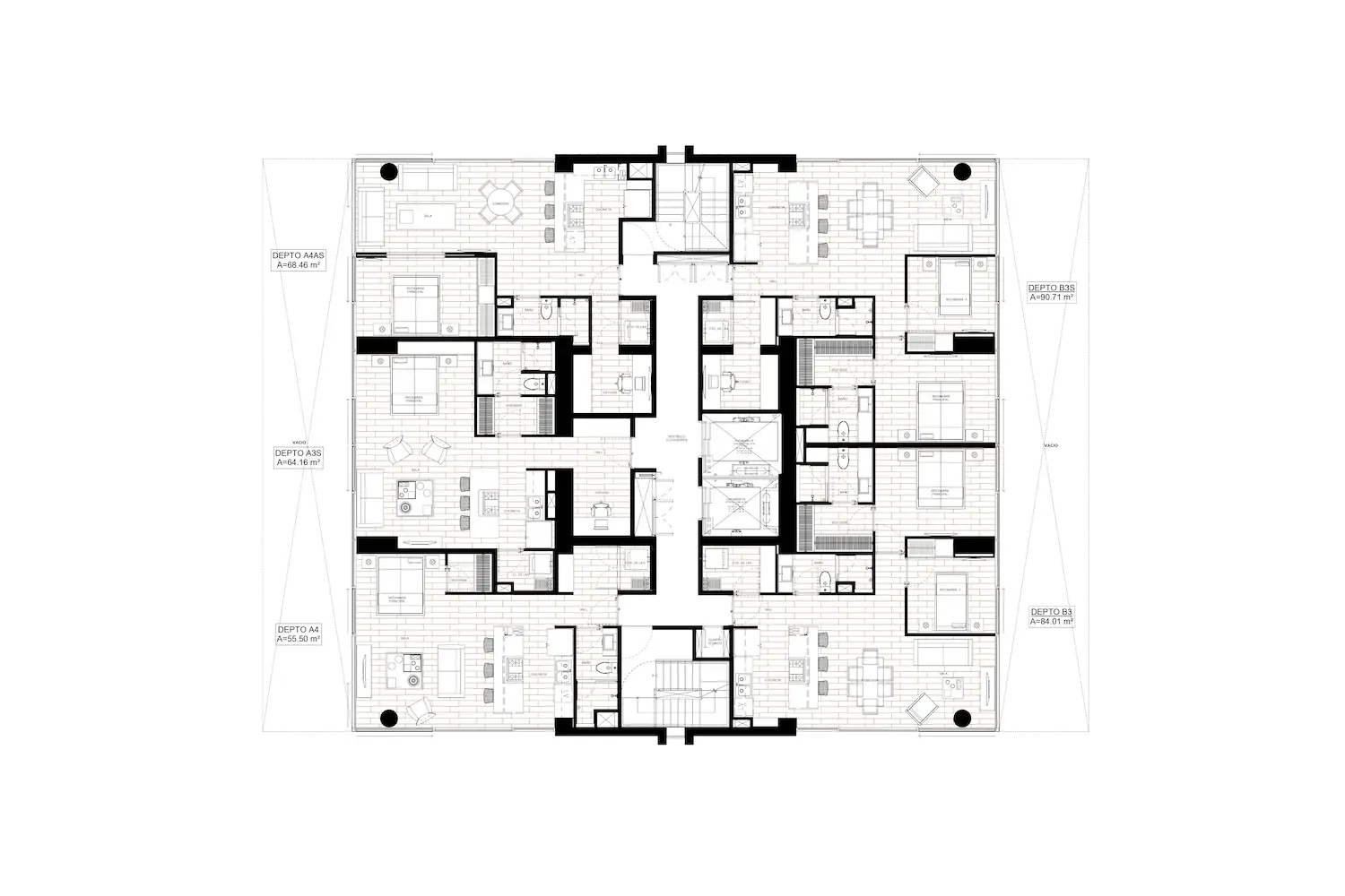 Plano arquitectónico en blanco y negro que muestra una distribución simétrica de apartamentos con varias unidades, cada una de ellas con salones, dormitorios, cocinas, cuartos de baño y balcones dispuestos en torno a pasillos y escaleras centrales.