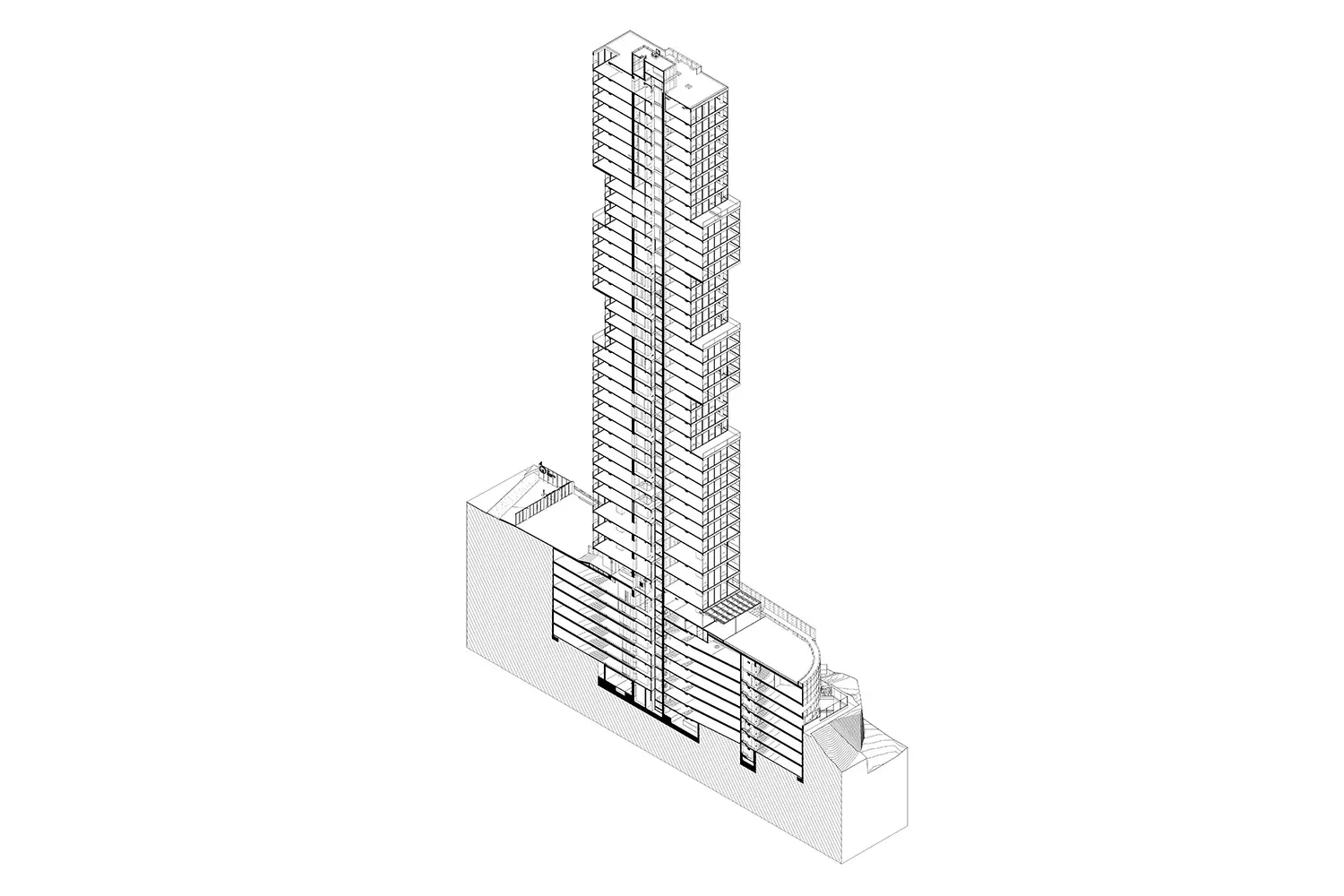 Dibujo arquitectónico isométrico de un edificio alto y moderno de estructura escalonada, con múltiples retranqueos y una amplia base, sobre un fondo blanco liso.