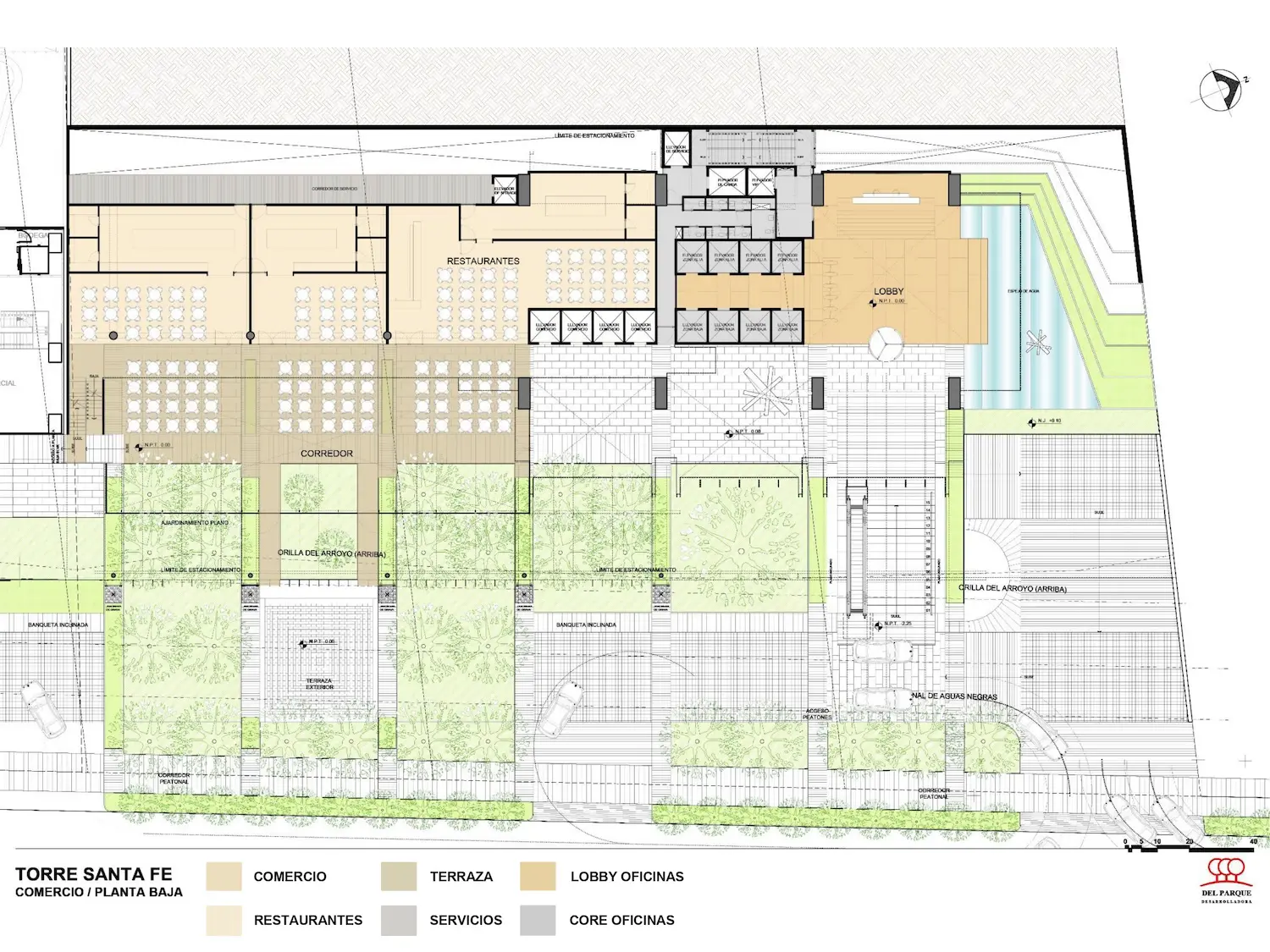 Plano arquitectónico de la planta baja de Torre Santa Fe, en el que se indican las zonas comerciales, de restauración y de servicios, las terrazas, los vestíbulos, las oficinas y los espacios exteriores ajardinados con paseos y zonas para sentarse.