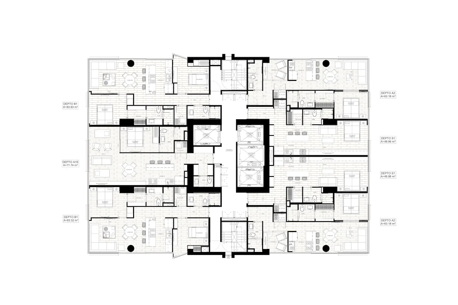 Plano arquitectónico en blanco y negro que muestra varias unidades de apartamentos dispuestas simétricamente alrededor de pasillos centrales y ascensores, con habitaciones marcadas, cocinas, baños y balcones a cada lado de la distribución.