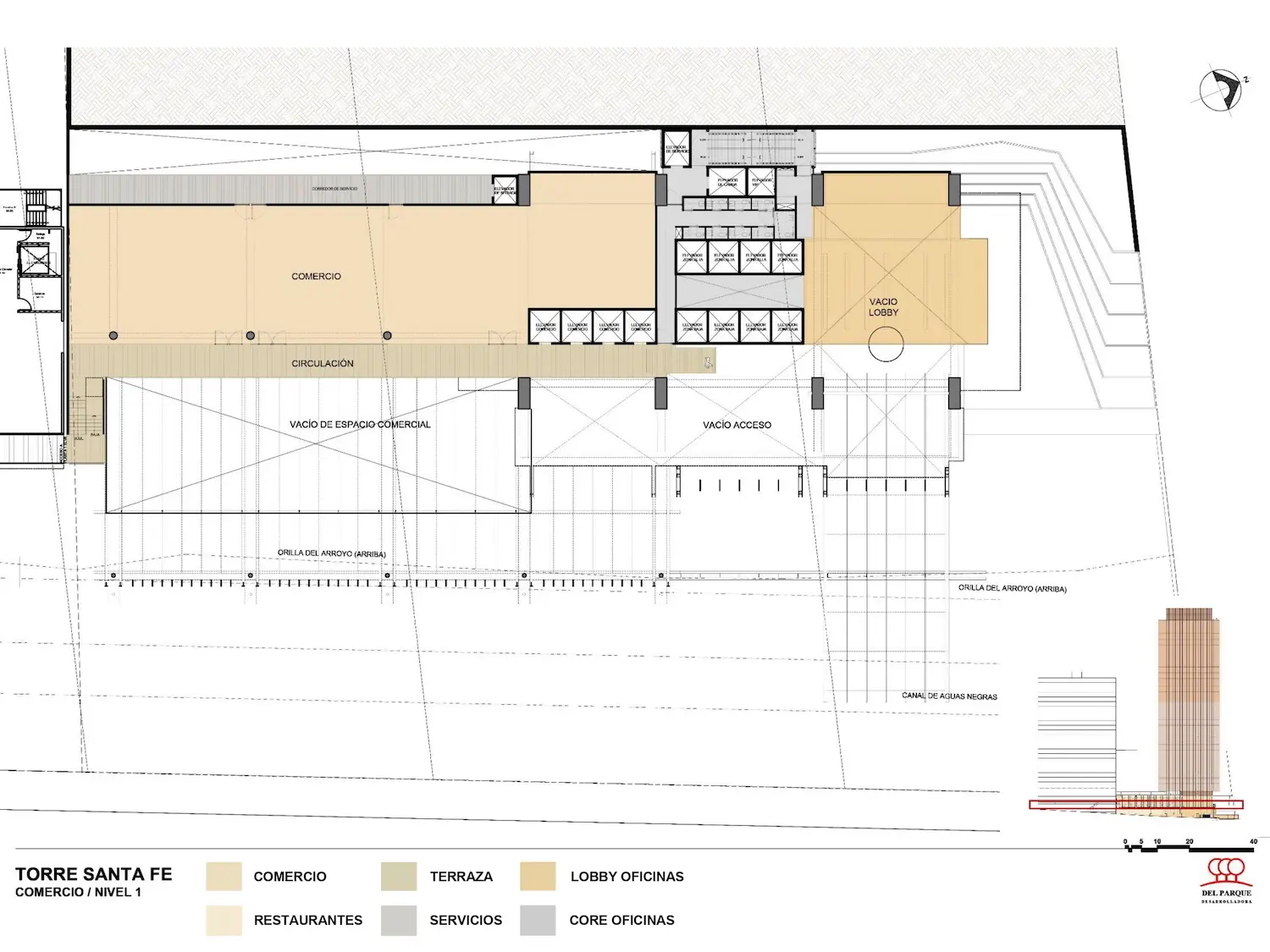 Plano arquitectónico denominado "Torre Santa Fe, Comercio Nivel 1", en el que se muestran las áreas de comercio, restaurantes, servicios, terraza, vestíbulo de oficinas, circulación y oficinas centrales, con una leyenda codificada por colores y un alzado del edificio.