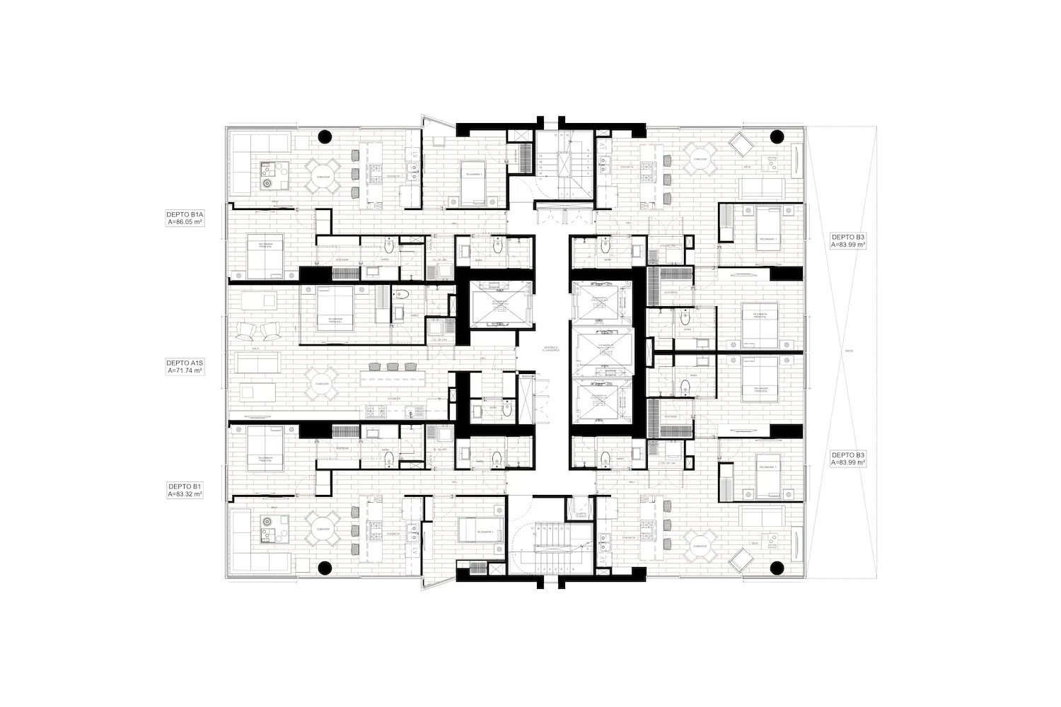 Plano arquitectónico en blanco y negro de un edificio de apartamentos de varias unidades, que muestra múltiples habitaciones, cocinas, salas de estar, baños, balcones y pasillos con etiquetas y medidas.