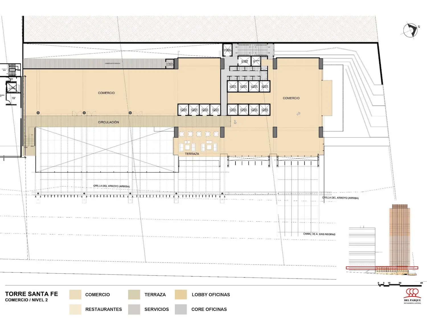 Plano arquitectónico de la Torre Santa Fe, mostrando el nivel 2 con áreas etiquetadas para comercio, restaurantes, servicios, vestíbulo de oficinas, terrazas y núcleo de oficinas. Incluye escaleras, ascensores y un pequeño diagrama de alzado del edificio.