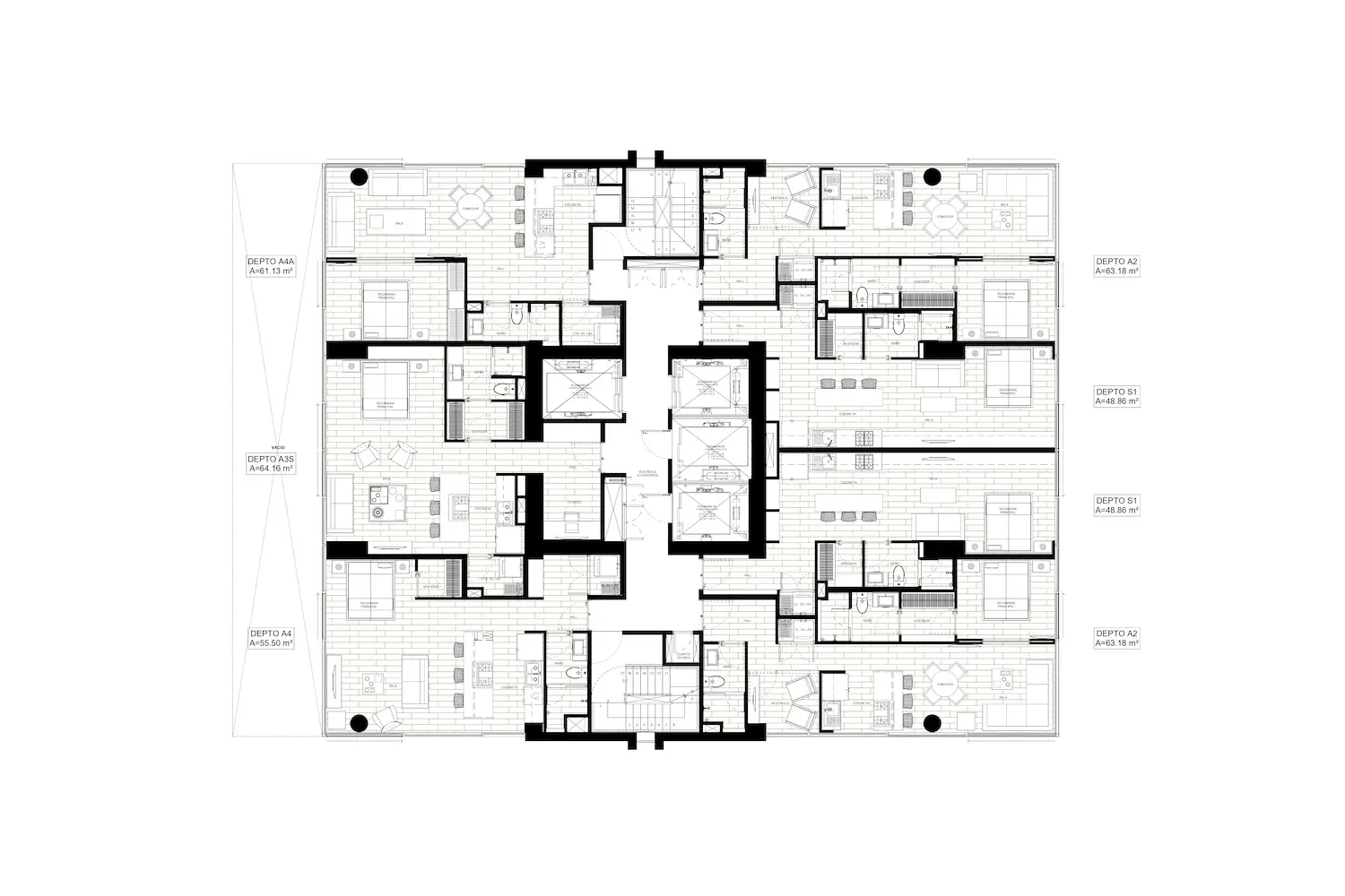 Plano arquitectónico en blanco y negro que muestra varias unidades de apartamentos dispuestas simétricamente alrededor de pasillos centrales, escaleras y ascensores, con espacios de oficinas etiquetados a cada lado de la distribución.