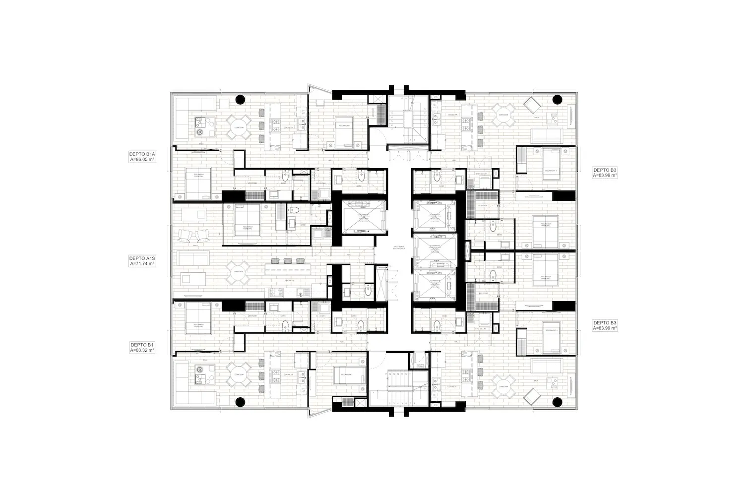 Plano arquitectónico en blanco y negro que muestra varios apartamentos con habitaciones, cocinas, baños y balcones dispuestos alrededor de un pasillo central y una escalera.