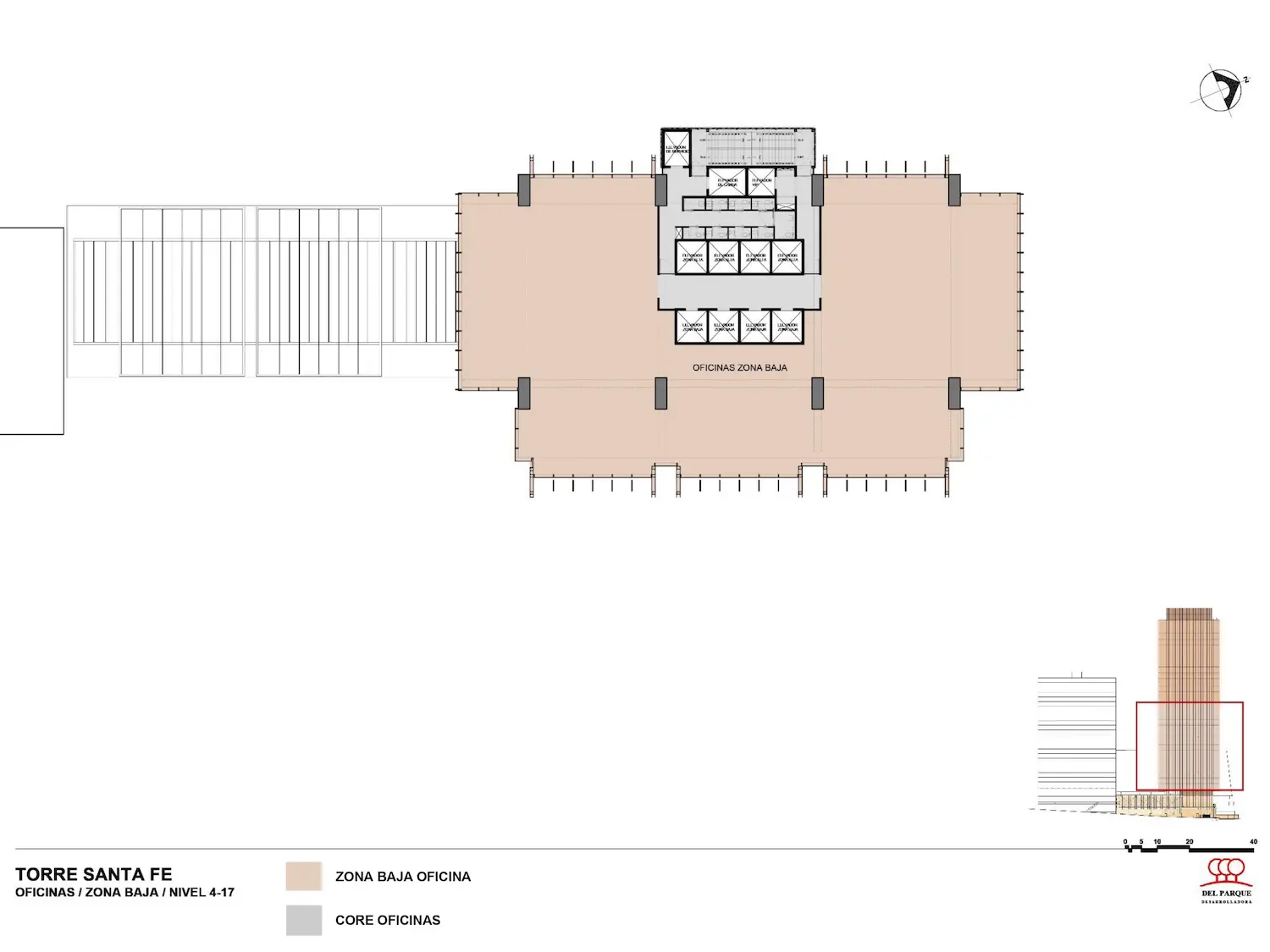 Plano arquitectónico del edificio de oficinas Torre Santa Fe, que muestra una zona de oficinas rectangular con un núcleo central de ascensores y aseos, escaleras en los laterales y leyenda en español en la parte inferior derecha.