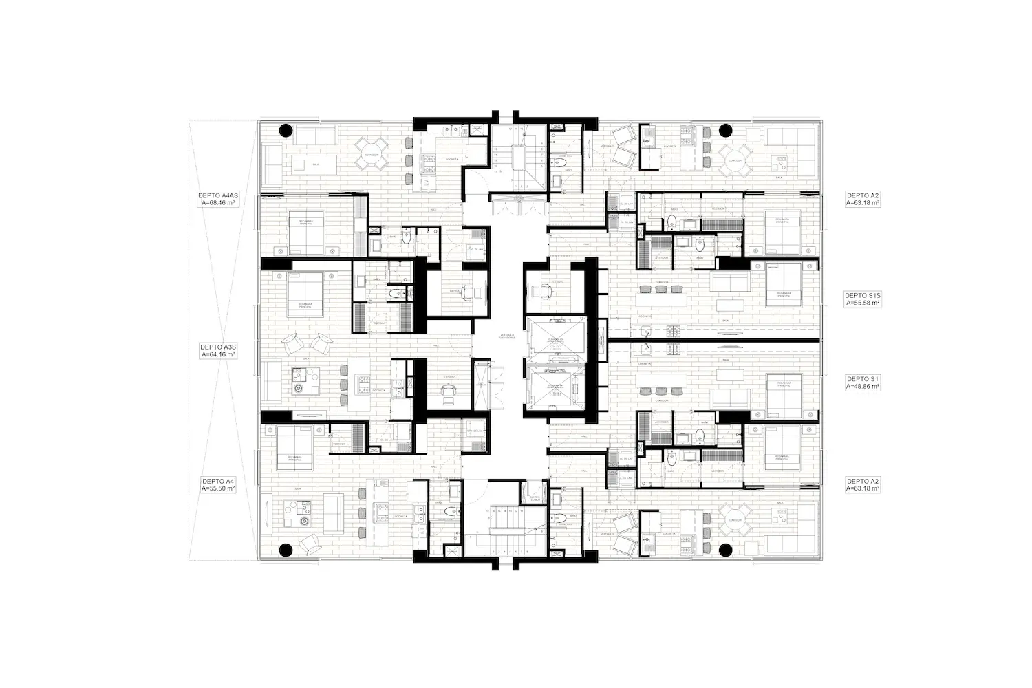 Plano arquitectónico en blanco y negro que muestra una distribución simétrica de apartamentos con varias unidades, habitaciones, escaleras, ascensores y balcones etiquetados como "Depto Tipo A" y "Depto Tipo B" a ambos lados de un pasillo central.