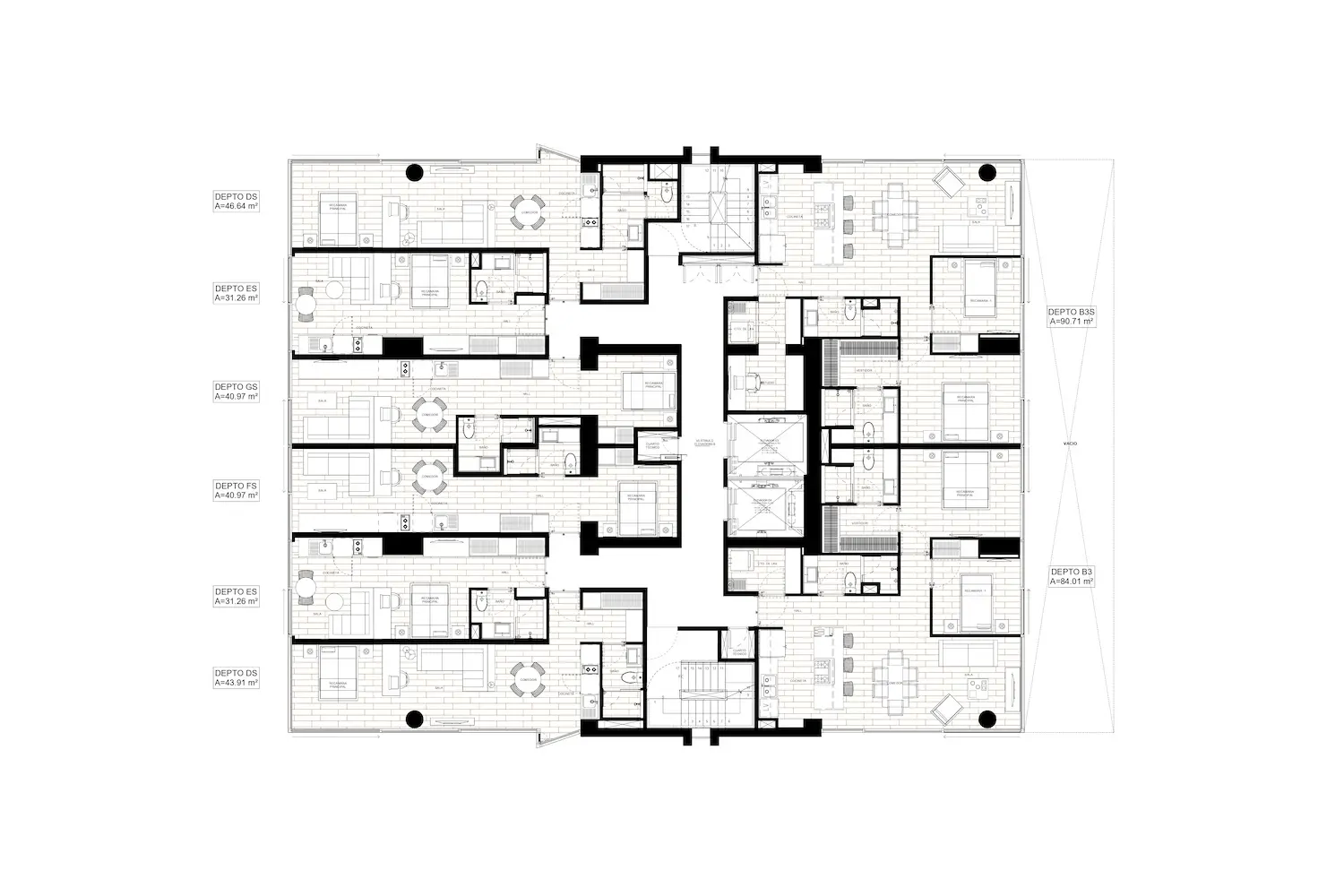 Plano arquitectónico en blanco y negro que muestra una distribución simétrica de apartamentos con varias unidades, pasillos centrales, escaleras, ascensores y balcones a ambos lados. Cada unidad incluye varias habitaciones y comedores circulares.