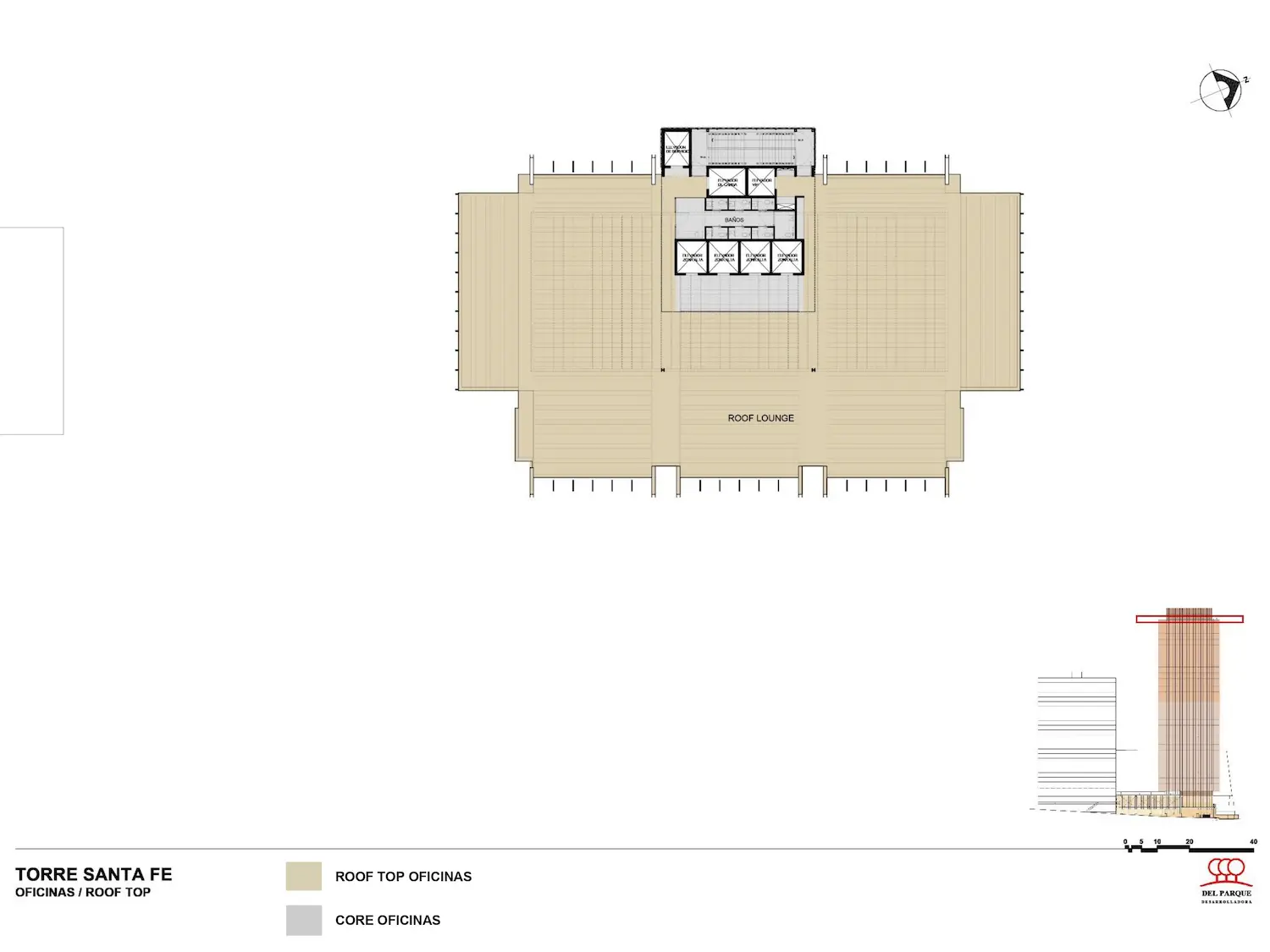 Plano arquitectónico de la azotea de la Torre Santa Fe, que muestra un núcleo central con ascensores, aseos y zonas de servicio, rodeado por un gran salón abierto en la azotea. Incluye una vista en sección y la leyenda del proyecto en la parte inferior.