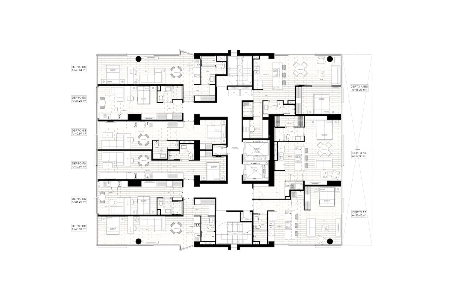 Plano arquitectónico en blanco y negro que muestra varias unidades de apartamentos dispuestas simétricamente alrededor de pasillos centrales, con habitaciones, balcones y zonas comunes claramente marcados. Cada unidad incluye dormitorios, cocinas y salas de estar.