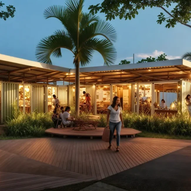 Cafetería al aire libre hecha con contenedores de transporte, cálidamente iluminada al atardecer, rodeada de plantas tropicales y palmeras. La gente se sienta, come y pasea, creando un ambiente relajado y animado.