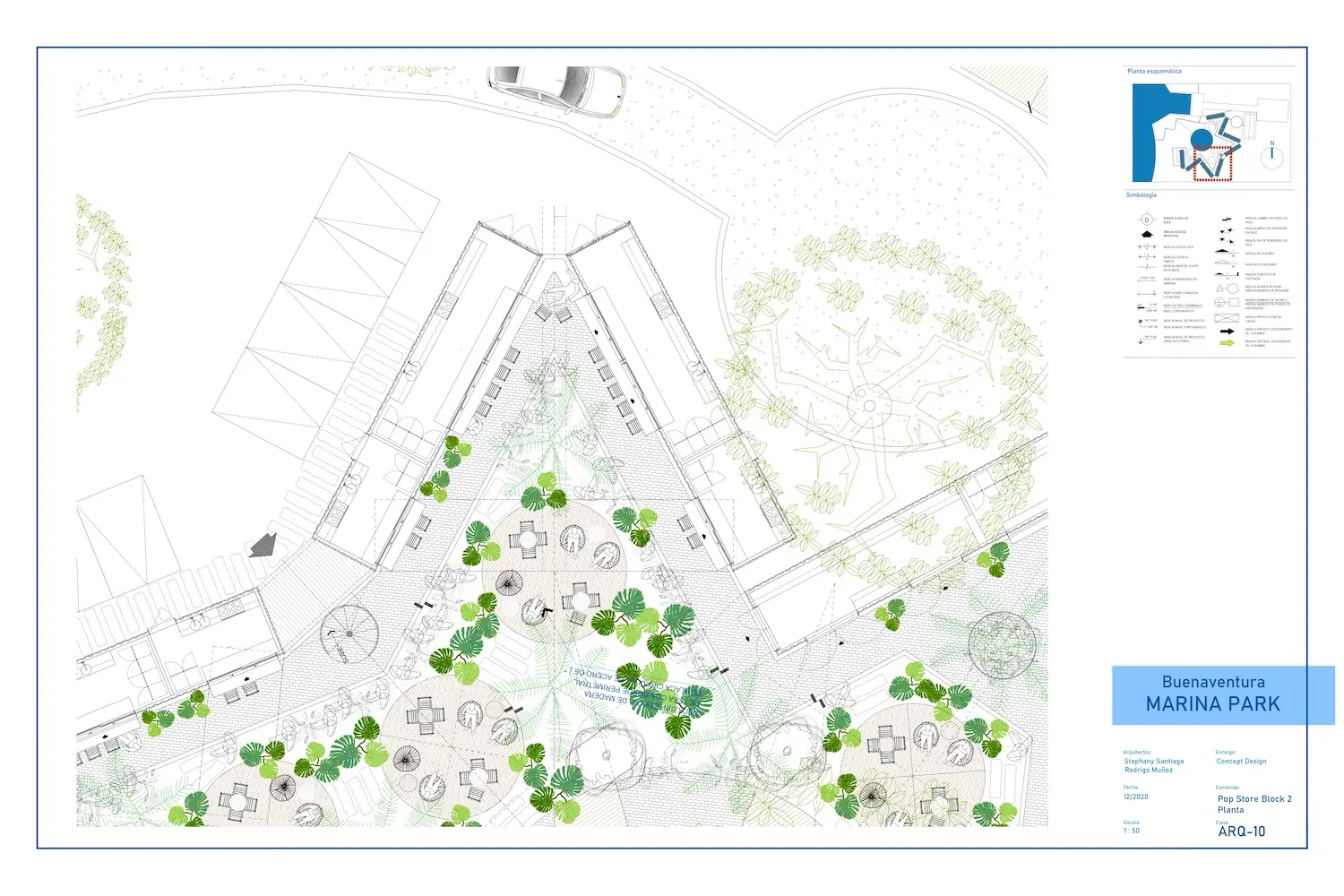 Plano arquitectónico del parque Buenaventura Marina en el que se muestran paseos, árboles, bancos, mesas con sombrillas y plazas de aparcamiento. En la esquina superior derecha se incluye una leyenda y un mapa de situación.