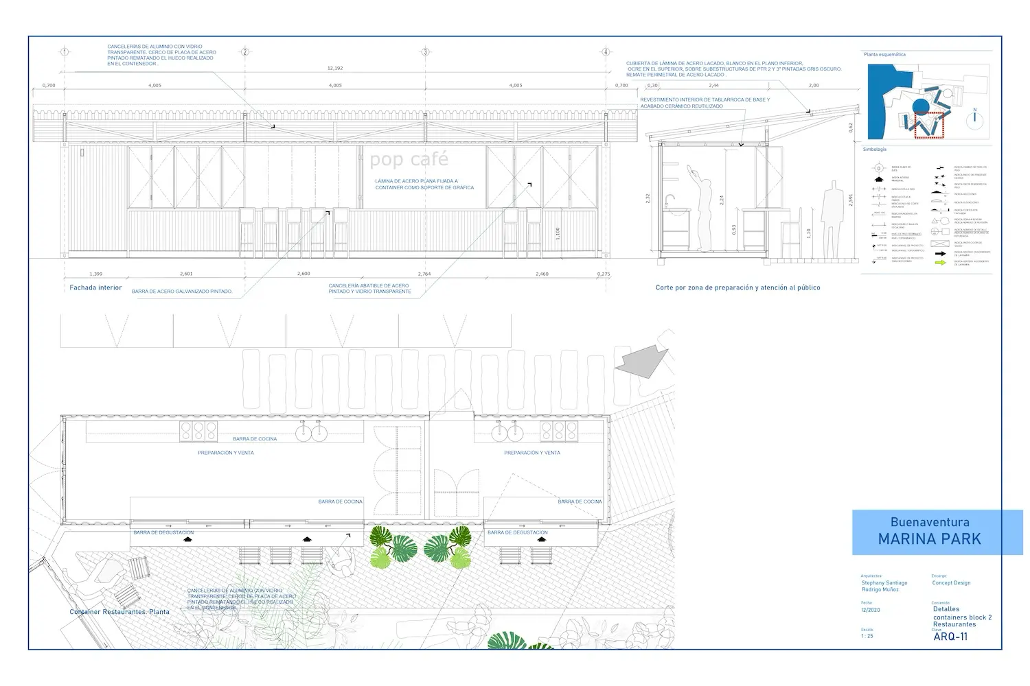 Dibujo arquitectónico de una cafetería pop con alzado frontal, vista en sección lateral, plano de planta, zonas rotuladas, dimensiones, símbolos vegetales y un bloque de título del proyecto rotulado "Buenaventura Marina Park ARQ-11".