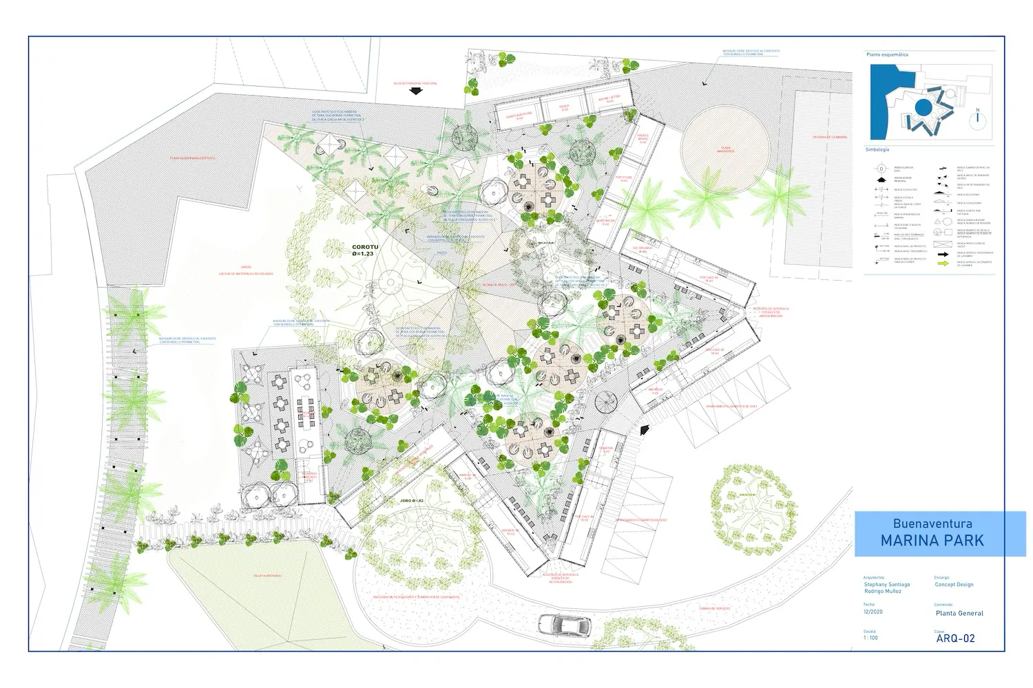 Plano arquitectónico del parque Buenaventura Marina que muestra caminos, zonas verdes, árboles, zonas para sentarse, aparcamientos y carreteras circundantes en forma de estrella; incluye leyenda, flecha hacia el norte y un pequeño mapa de situación.