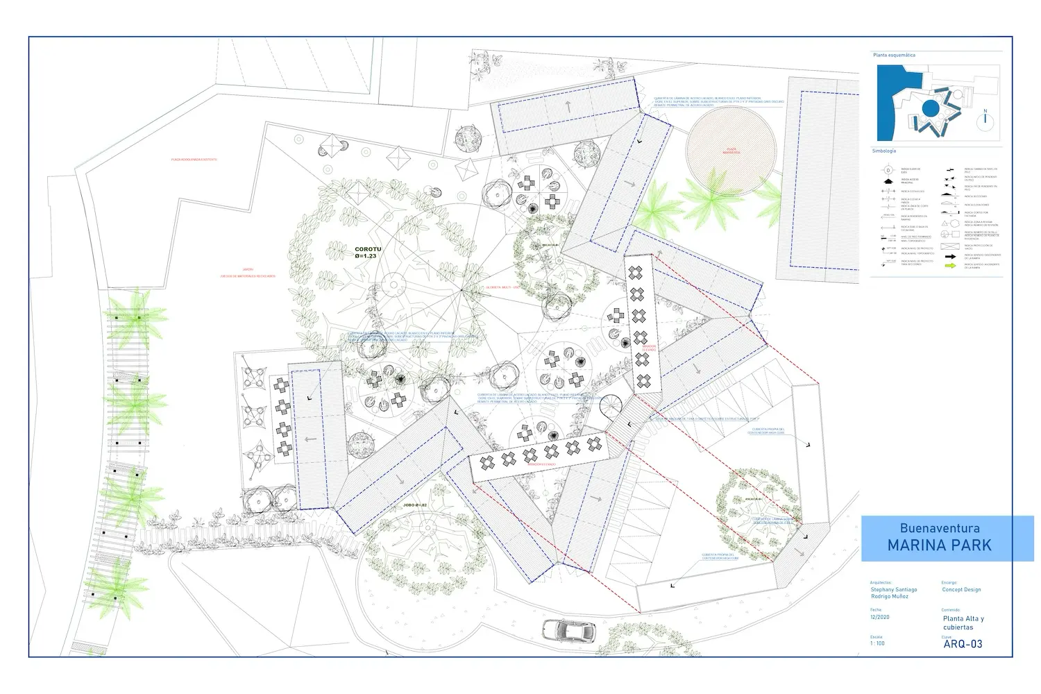 Plano arquitectónico del parque Buenaventura Marina que muestra la distribución de los edificios, los caminos, el paisaje, las zonas de aparcamiento, los árboles y una leyenda con símbolos para elementos como asientos, iluminación y entradas. Flecha norte y título incluidos.