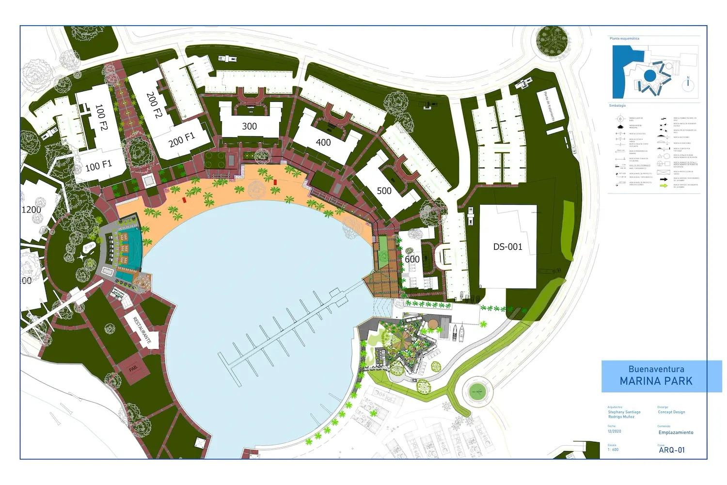 Plano del emplazamiento del Parque del Puerto Deportivo de Buenaventura que muestra edificios, carreteras, zonas de aparcamiento, zonas verdes, un gran puerto deportivo central con muelles, piscinas y pasarelas, etiquetado con números y una leyenda en la esquina superior derecha.
