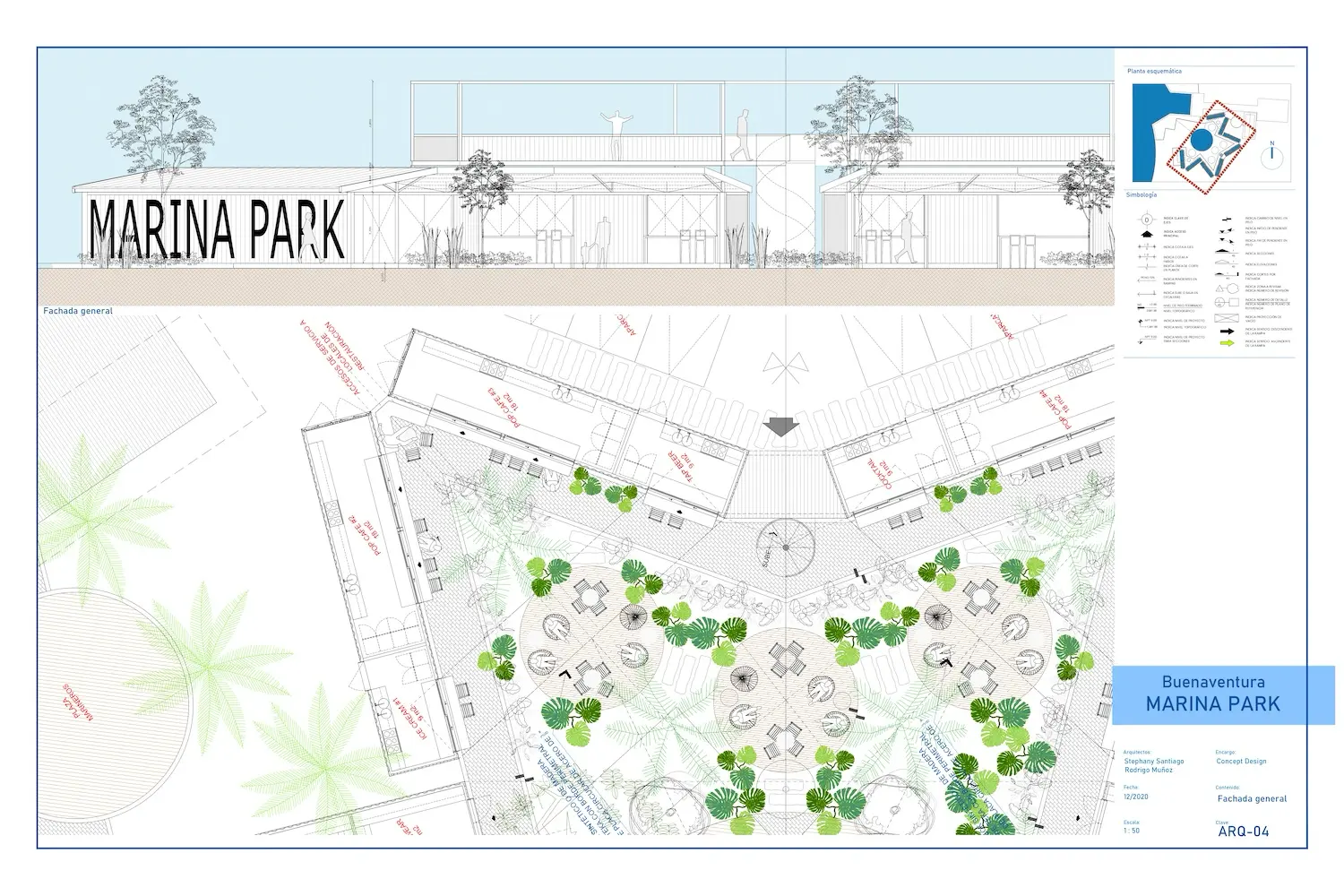 Plano arquitectónico del Parque de la Marina de Buenaventura que muestra un trazado de plaza circular arbolada, caminos, zonas para sentarse y una elevación del edificio rotulada "MARINA PARK", con una leyenda y un mapa del emplazamiento en la esquina superior derecha.