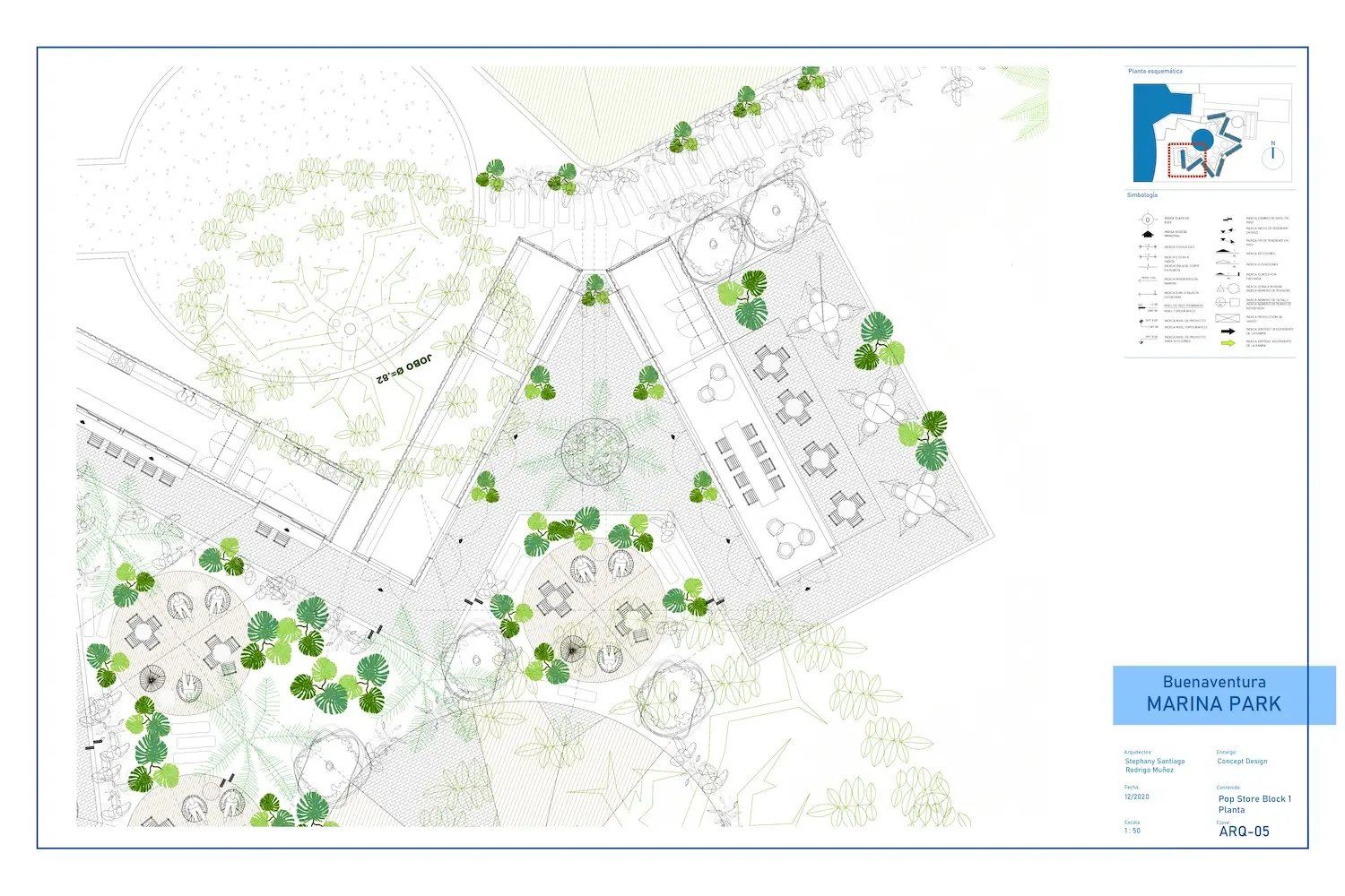 Plano del parque Buonaventura Marina en el que se muestran edificios, caminos y zonas verdes con árboles dispersos. En la esquina superior derecha figura una leyenda y los detalles del proyecto; en el plano se representan mesas y zonas para sentarse.