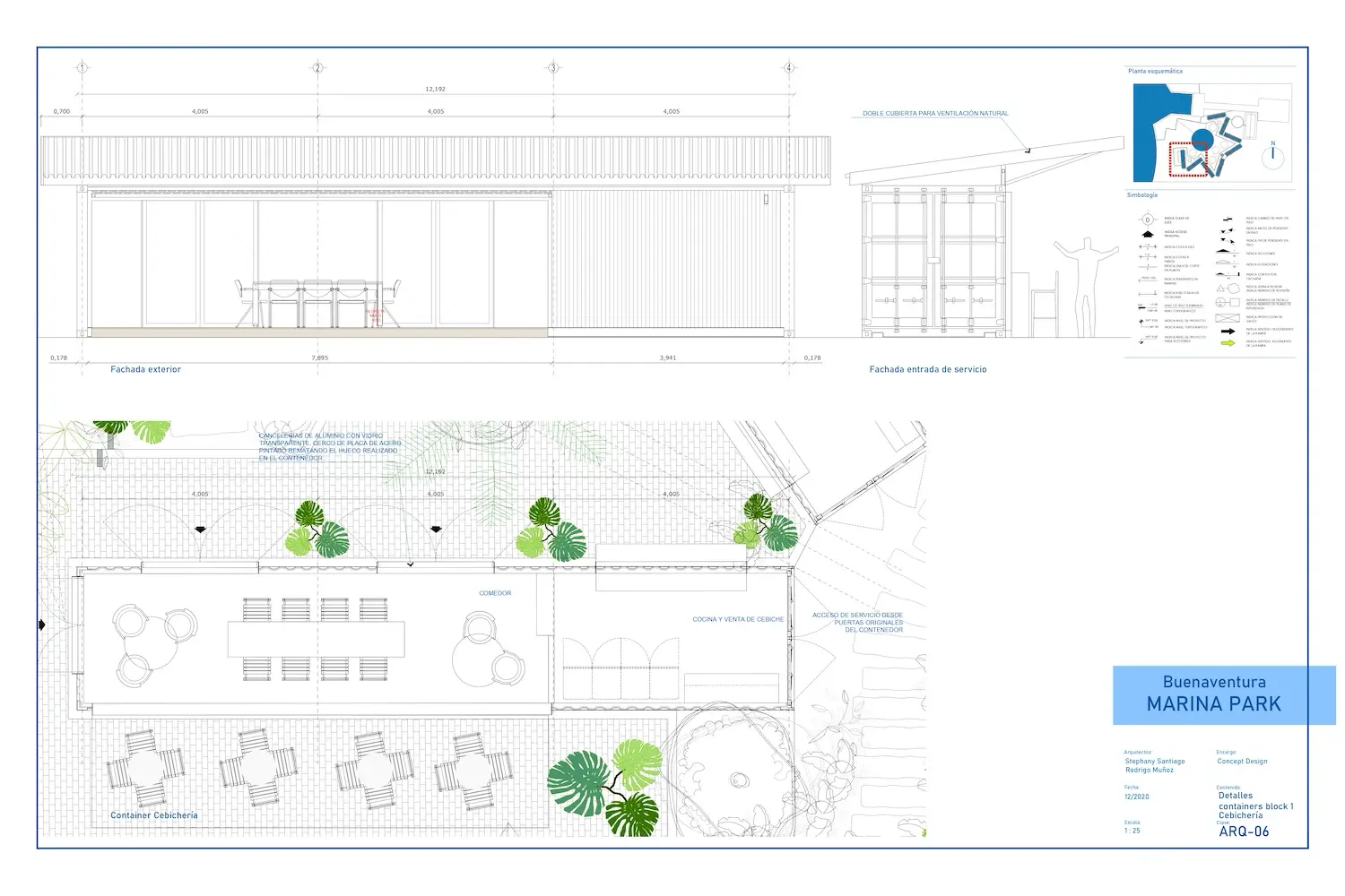 Plano arquitectónico de un edificio de una sola planta que muestra alzados frontales y laterales, un plano de planta con asientos y plantas, y una etiqueta de proyecto en la que se lee "Buenaventura Marina Park". Incluye detalles de escala y leyenda.