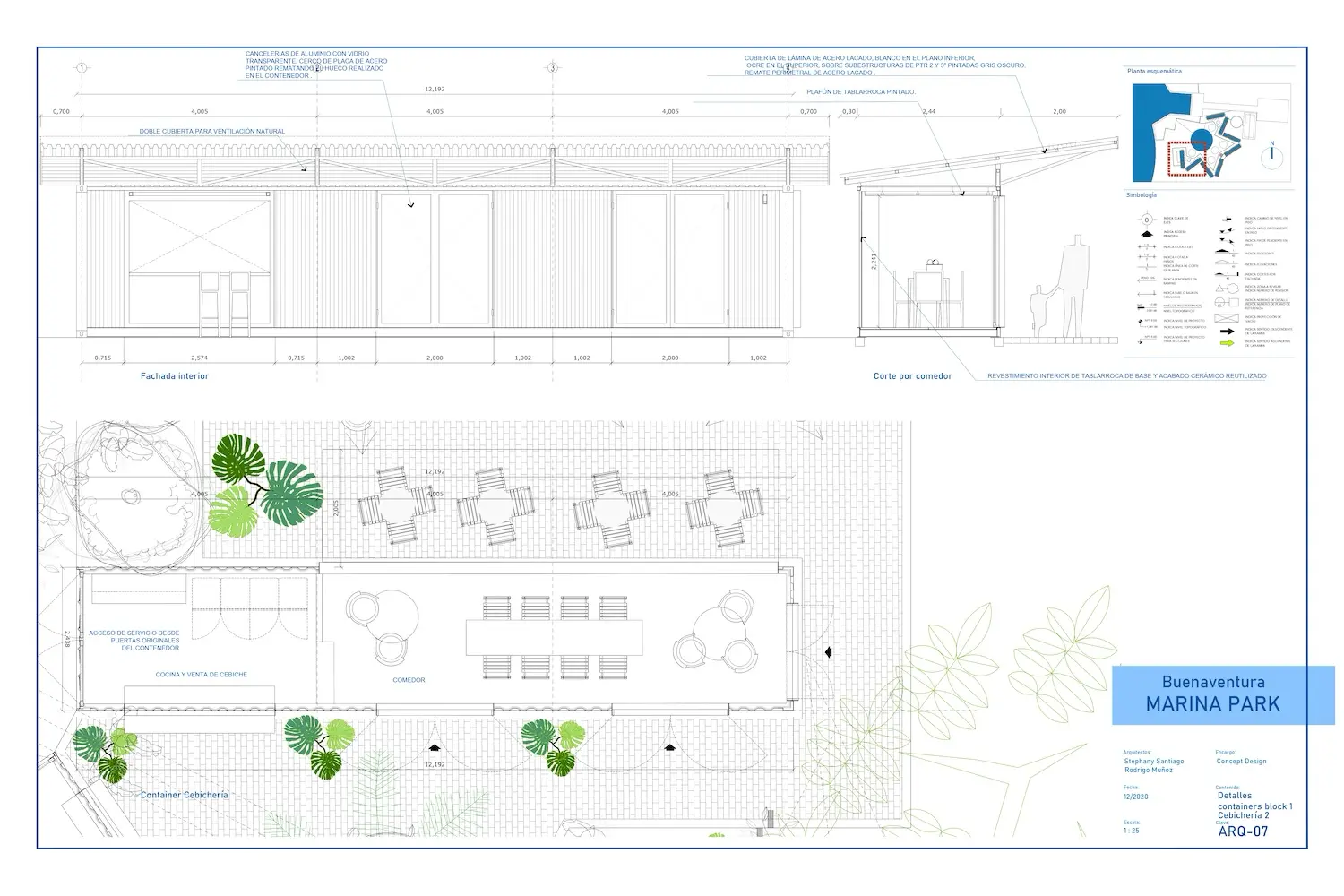 Plano arquitectónico que muestra el alzado frontal, la sección lateral y la vista superior de un comedor al aire libre con mesas, sillas y vegetación circundante. El título reza "Buenaventura Marina Park.